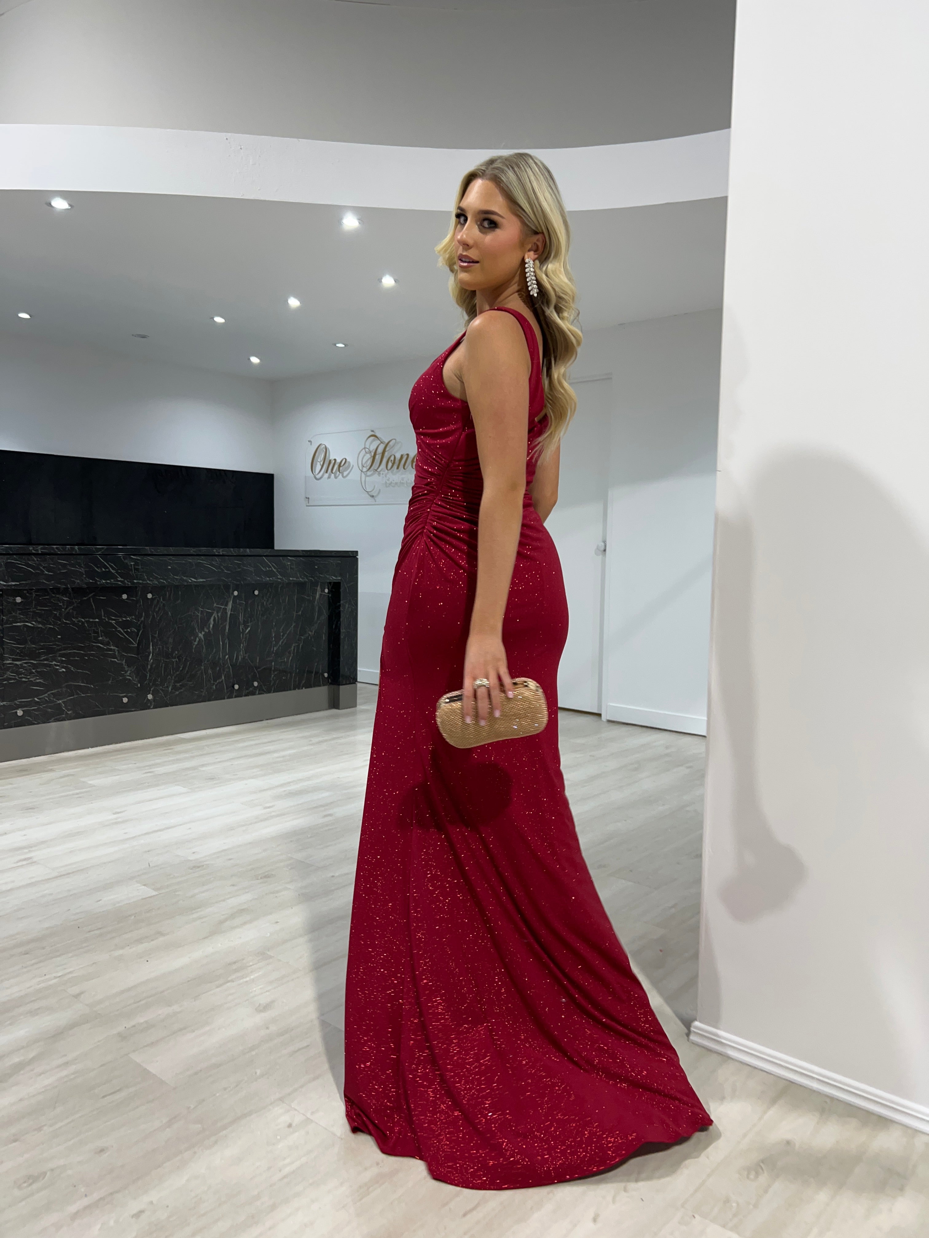 Honey Couture STELLA Burgundy Crystal Feature Mermaid Formal Gown