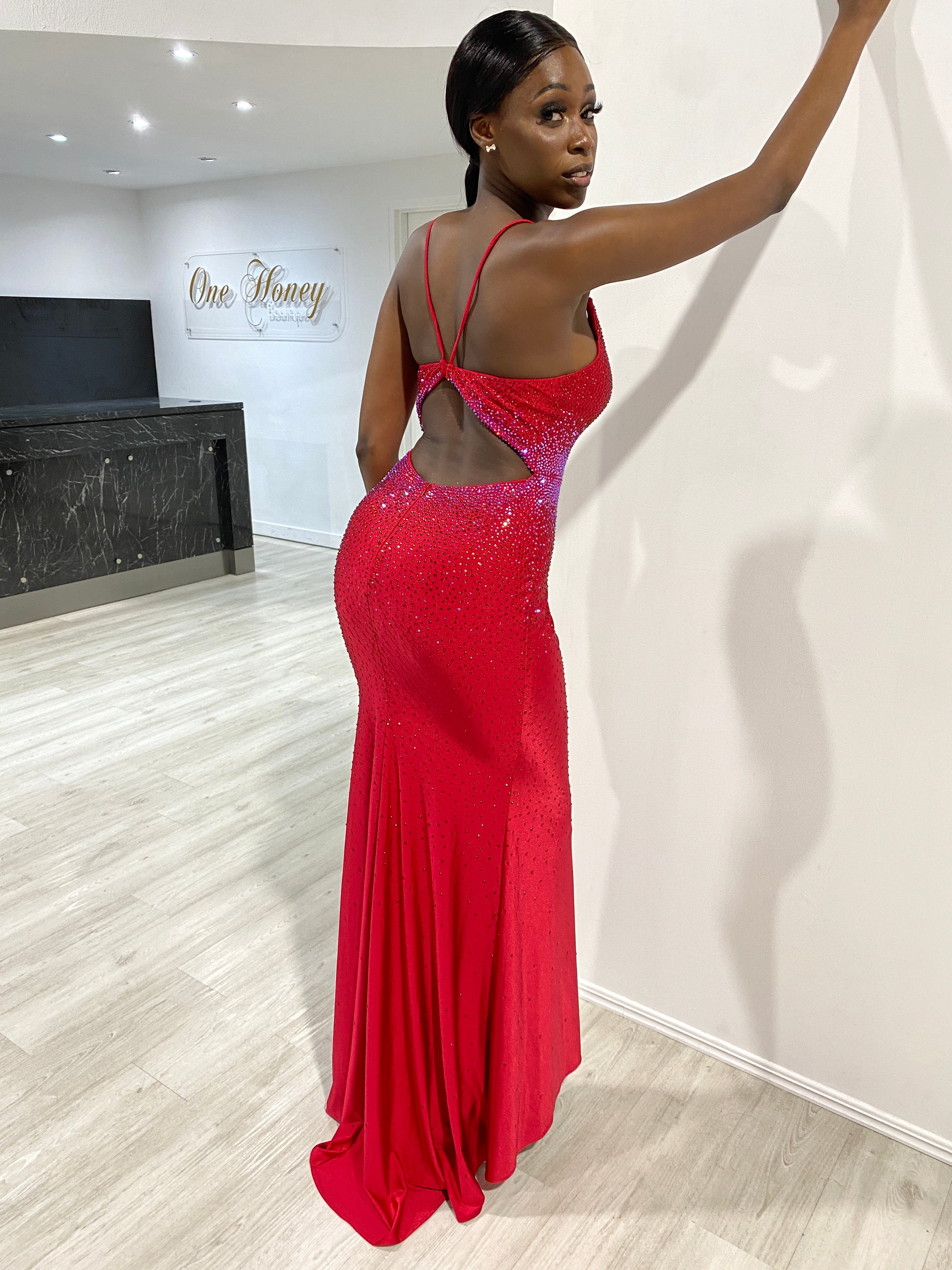 Honey Couture KARLIE Red Diamante Open Up Mermaid Formal Dress