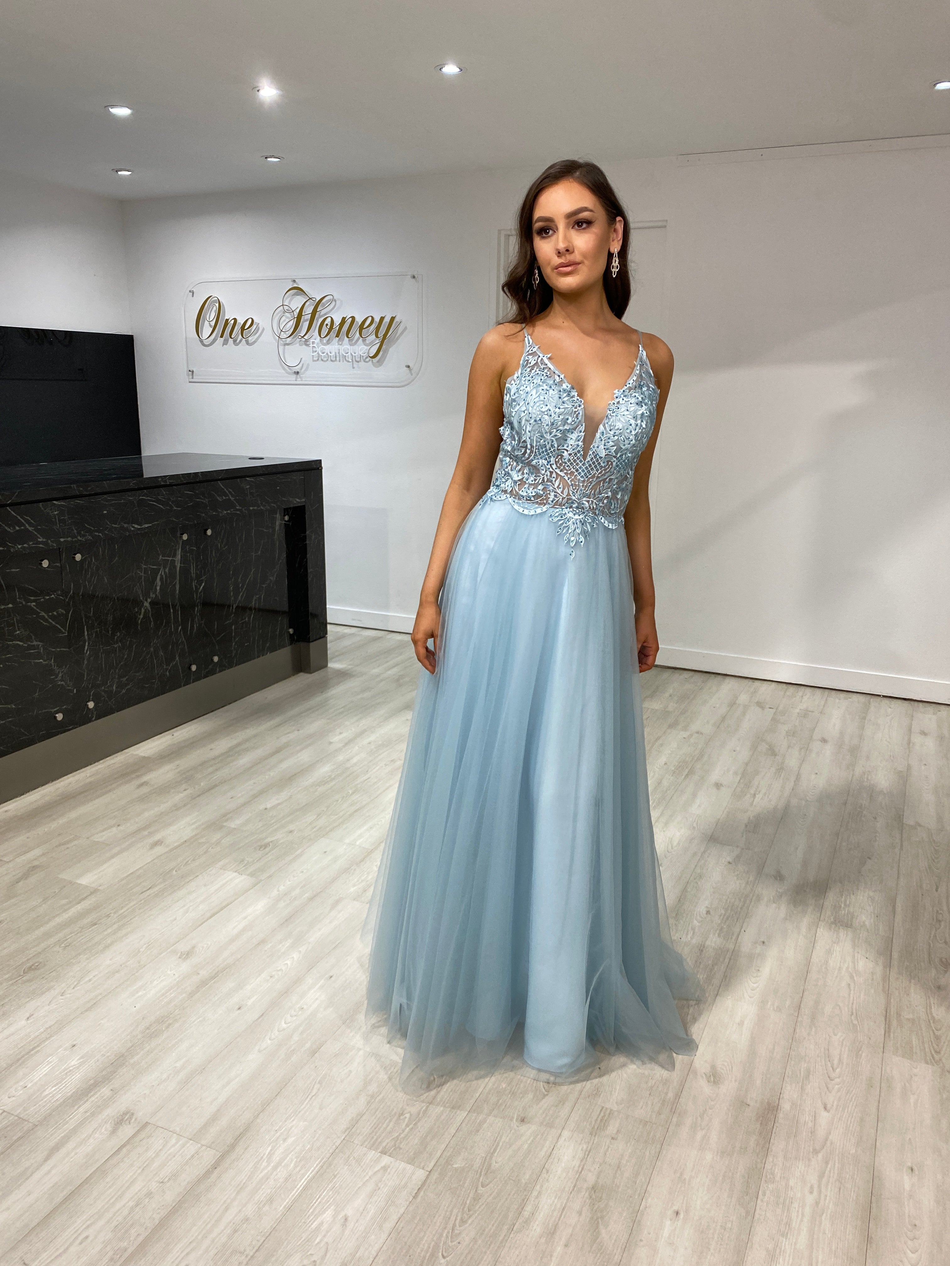 Honey Couture INEZ Baby Blue Tulle Lace Gown Formal Dress