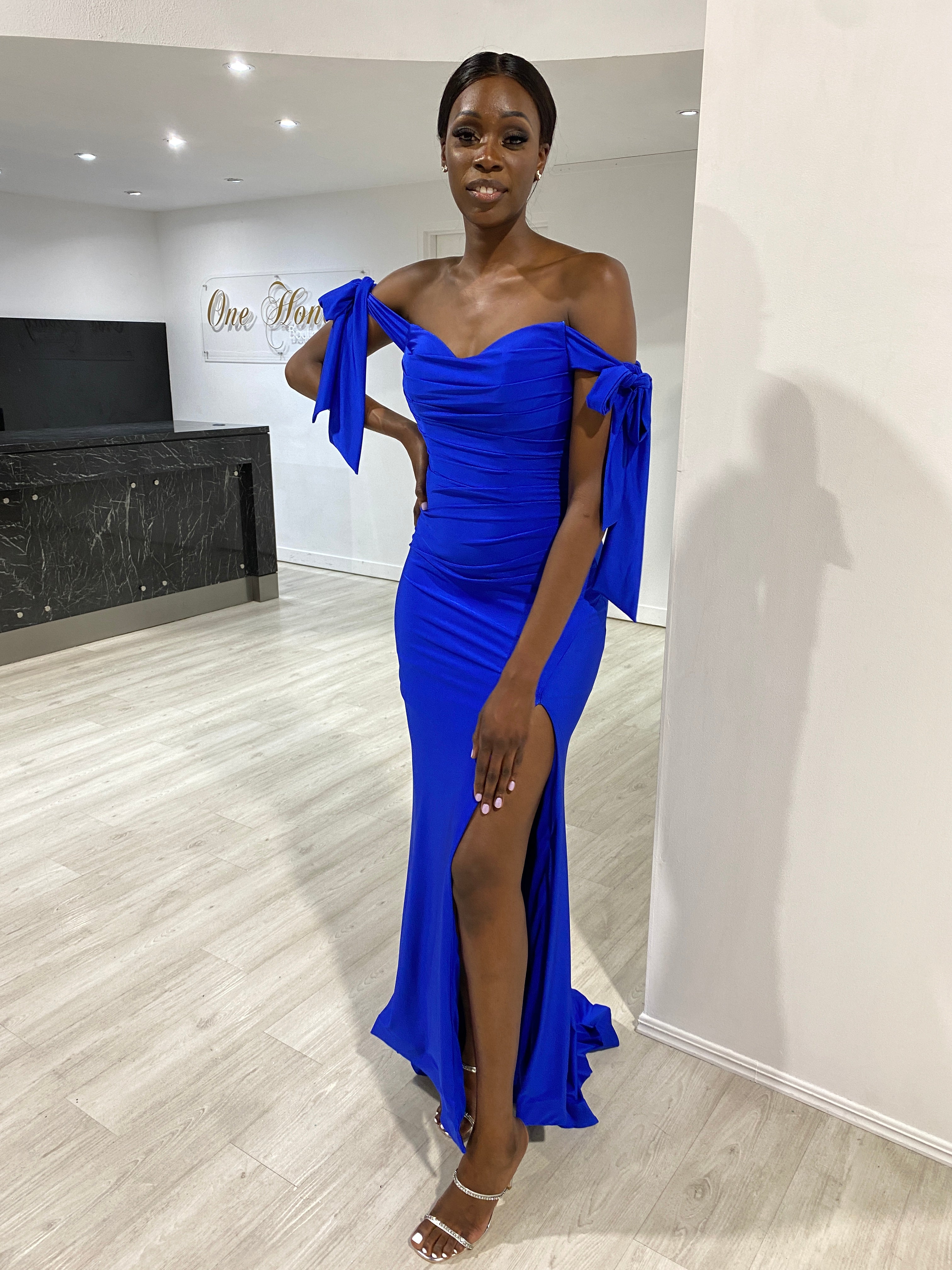 Gorgeous Off-shoulder Side Slit Velvet Royal Blue Simple Prom Dresses, –  SofieBridal