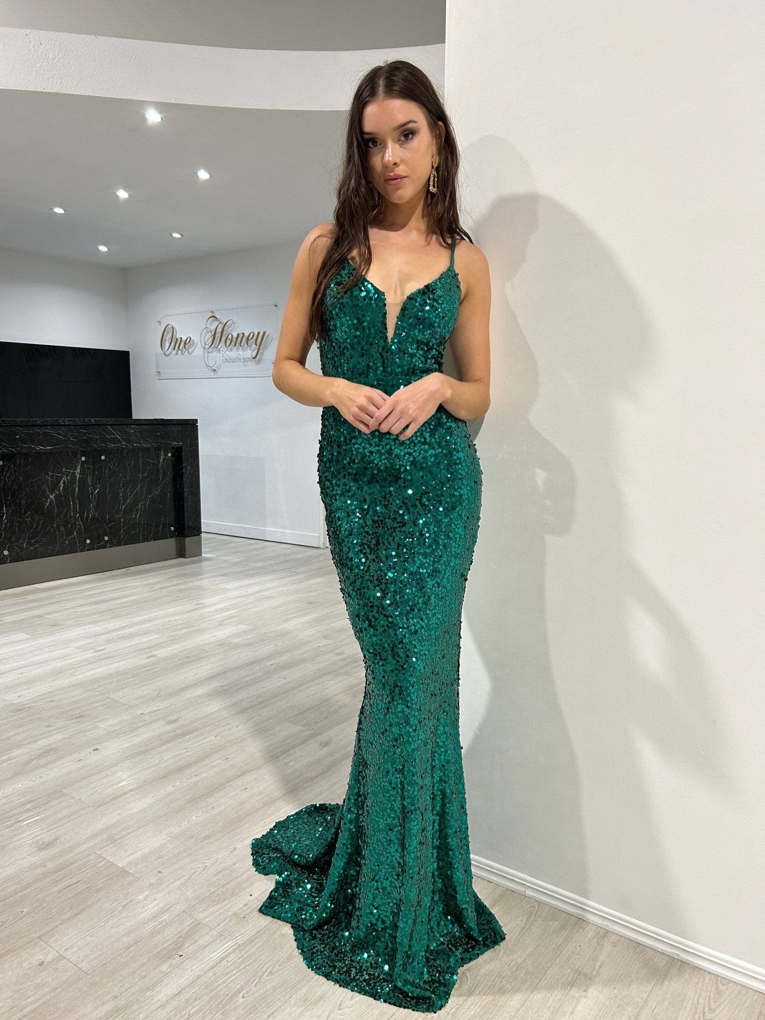 Honey Couture LILTH Emerald Green Sequin Lace Up Back Mermaid Gown Dre