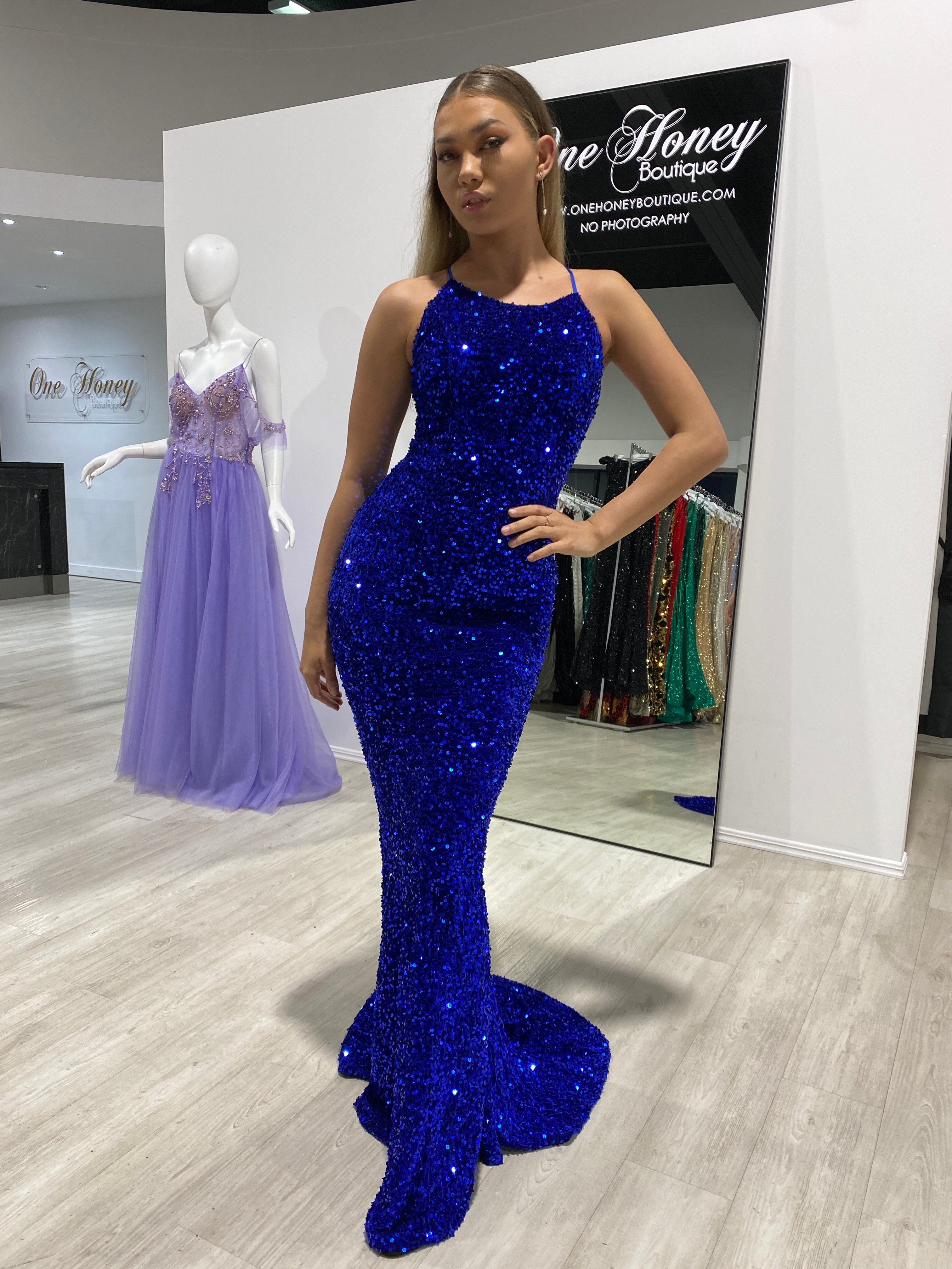 Honey Couture TAYTUM Electric Blue Sequin Mermaid Evening Gown Dress