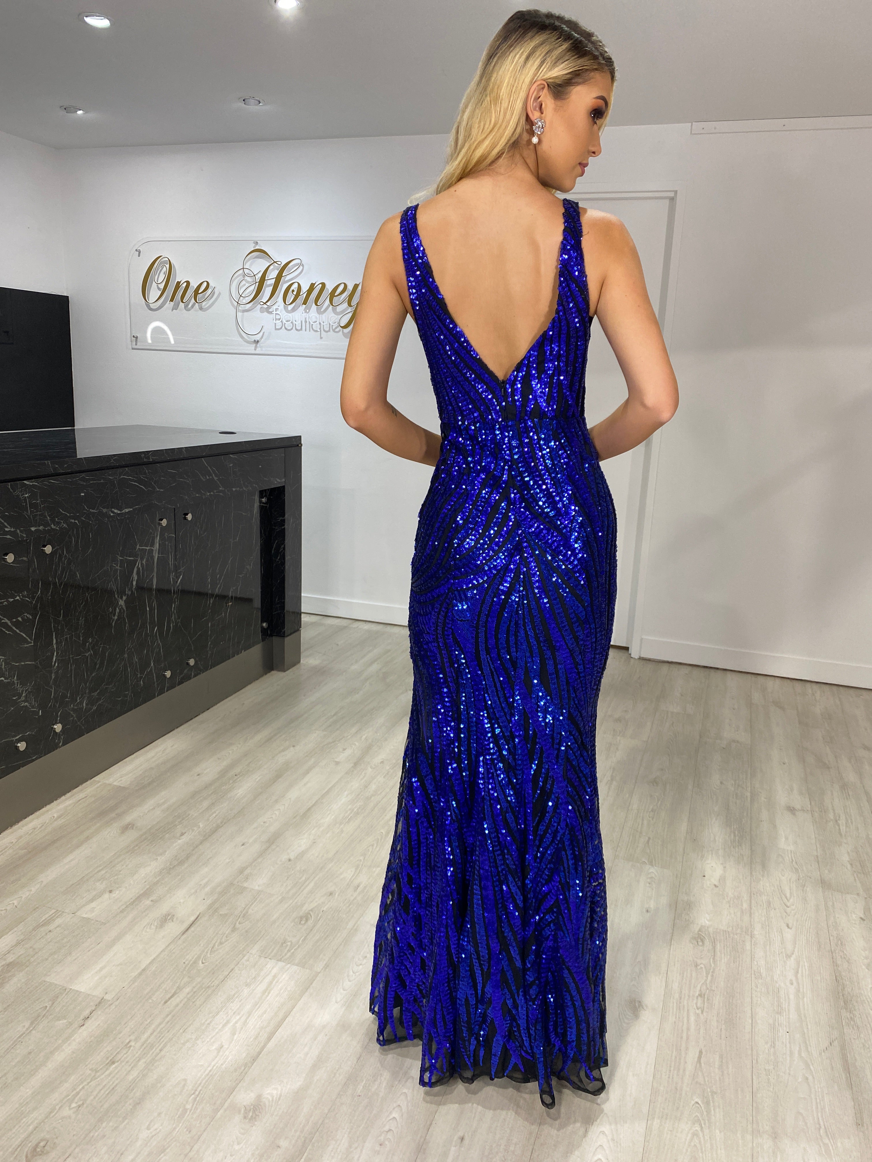Honey Couture YASMIN Royal Blue Sequin Formal Gown