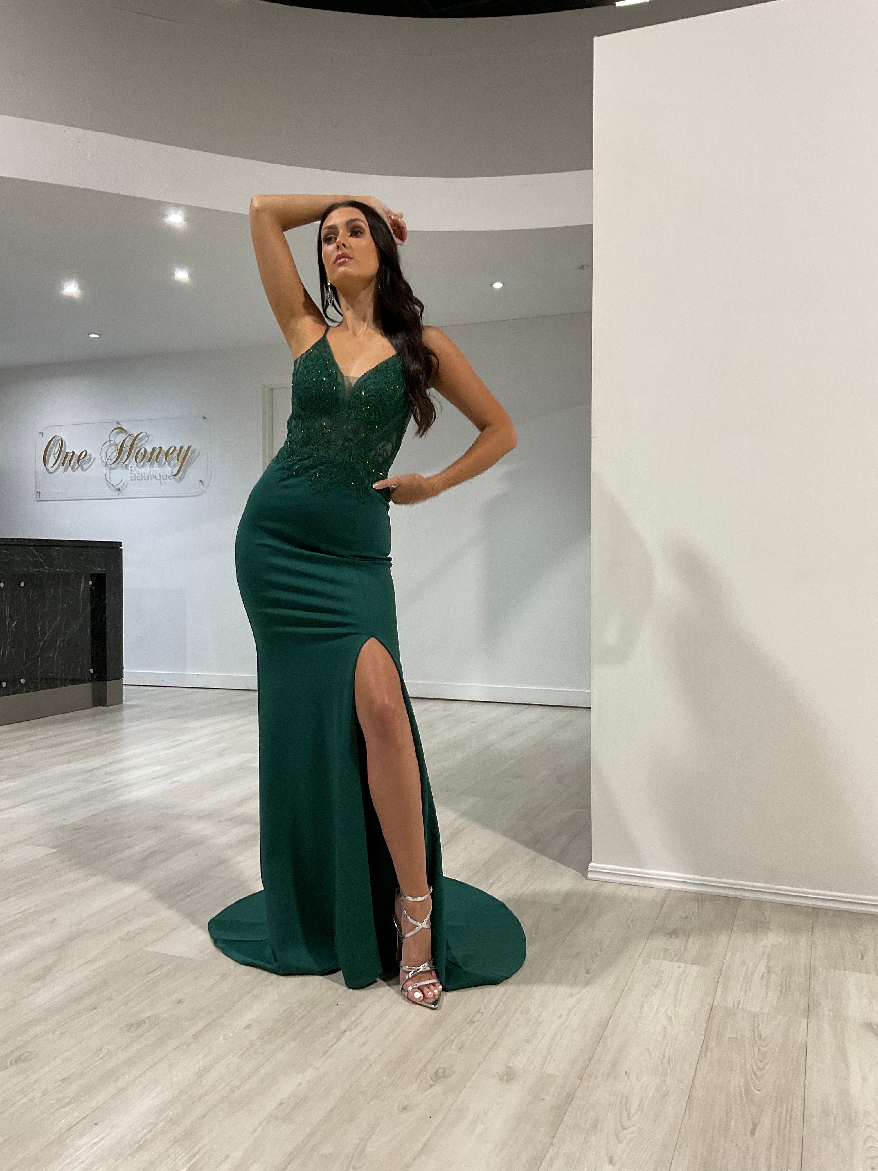Honey Couture MIREN Emerald Green Lace Applique Mermaid Formal Dress