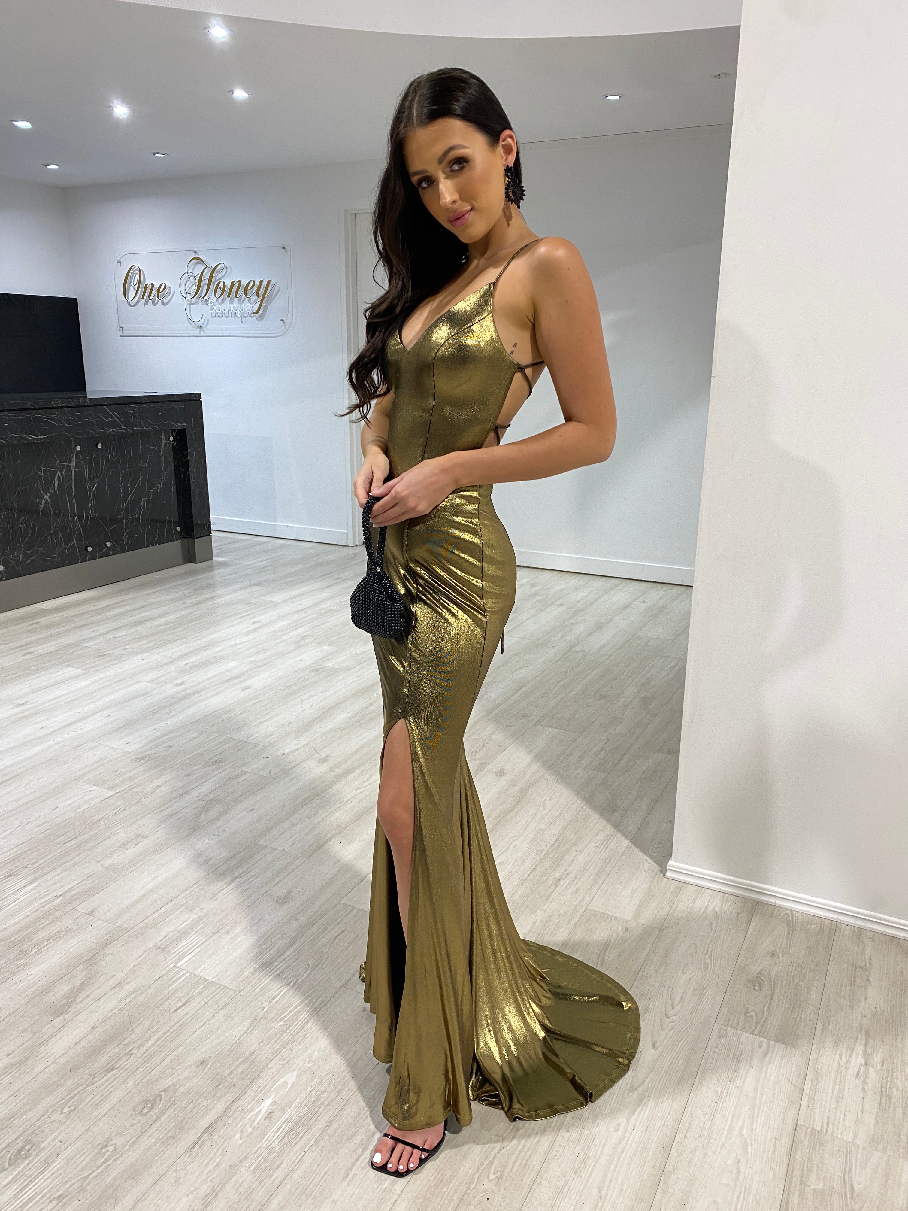 Honey Couture DITA Copper Gold Lace Up Corset Mermaid Formal Dress