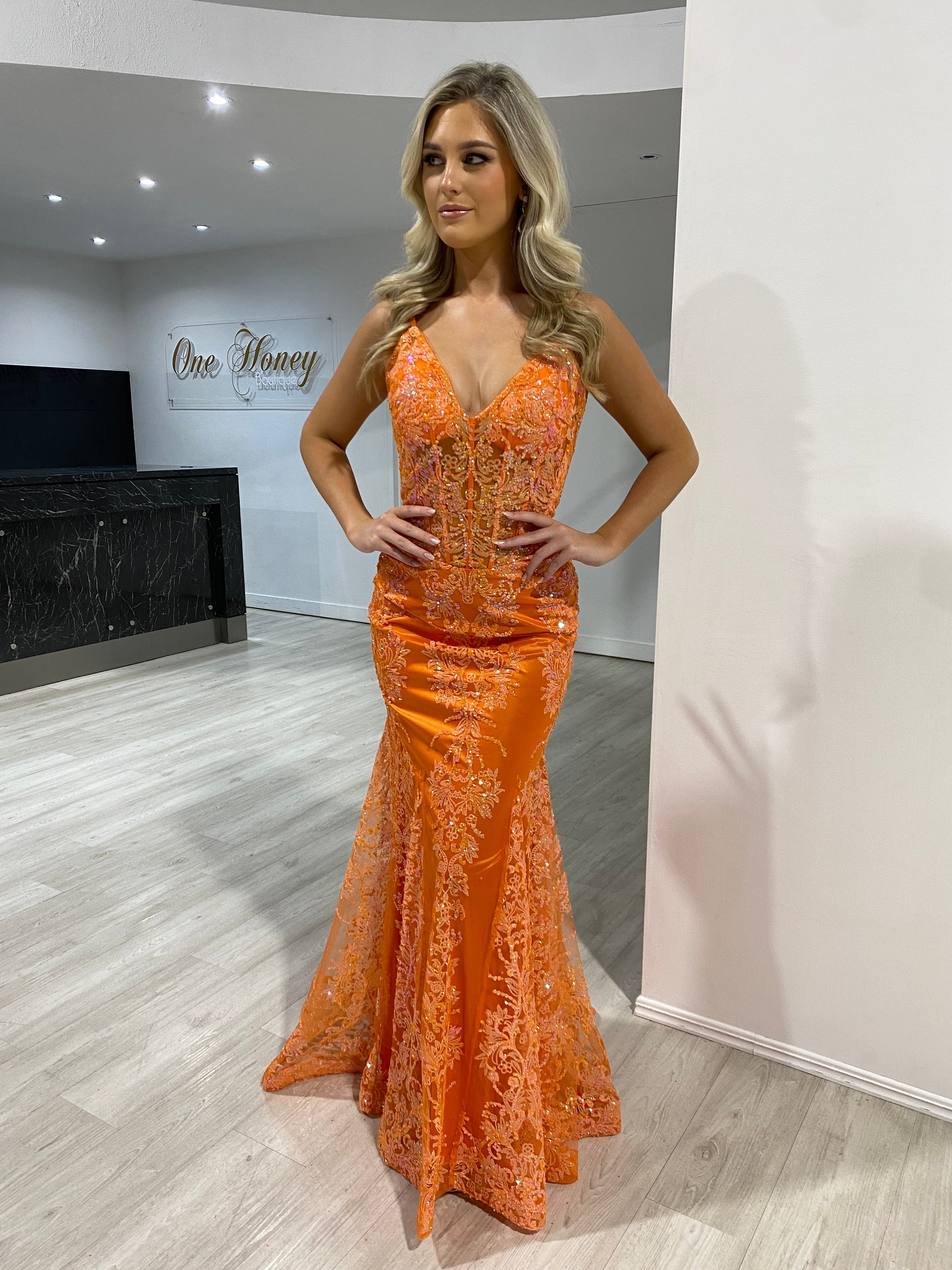 Honey Couture CAROLE Neon Orange Sequin Corset Mermaid Formal Gown Dress