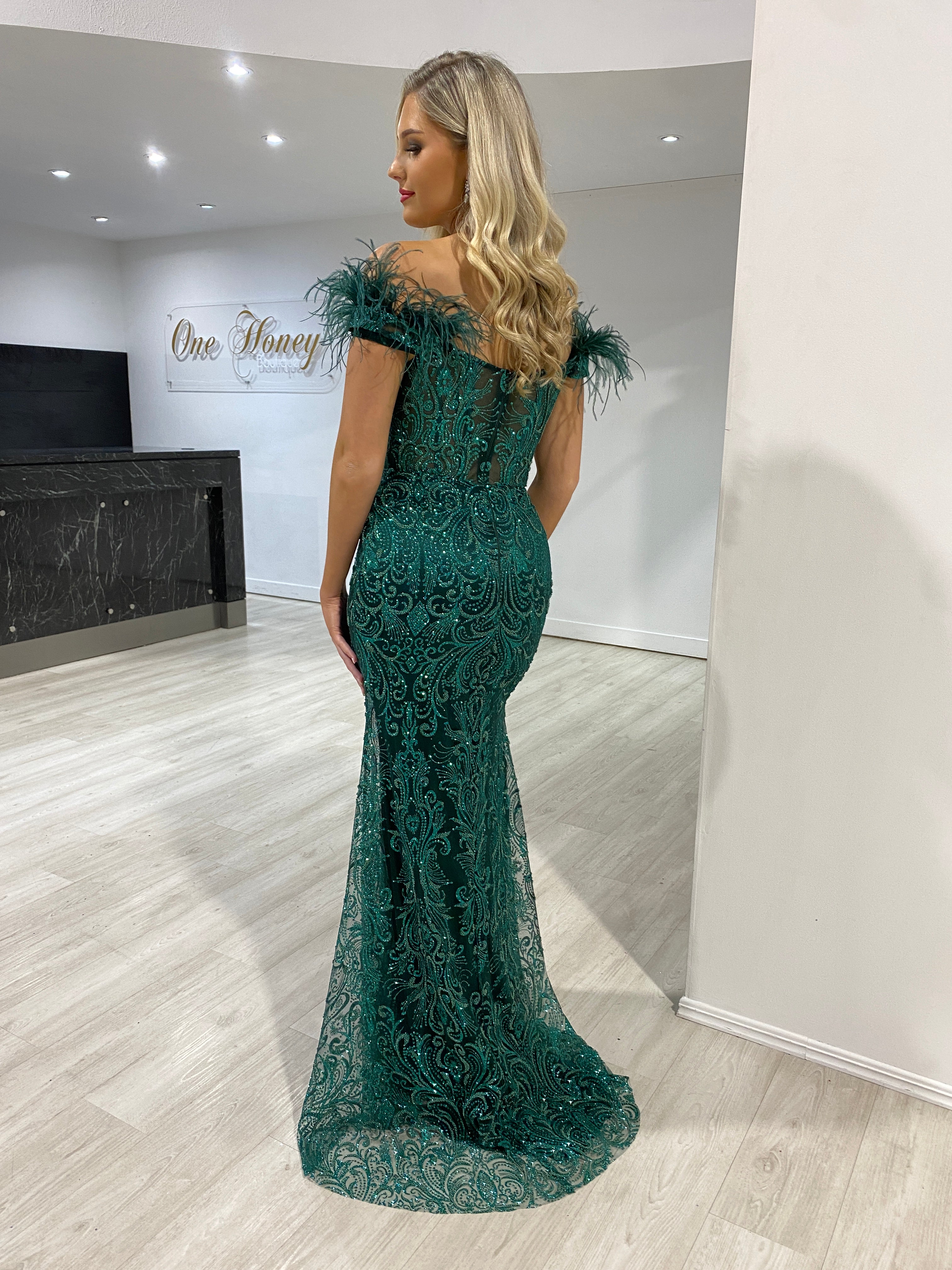 Honey Couture GOSSIP Emerald Green Corset Glitter Feather Off Shoulder Formal Dress