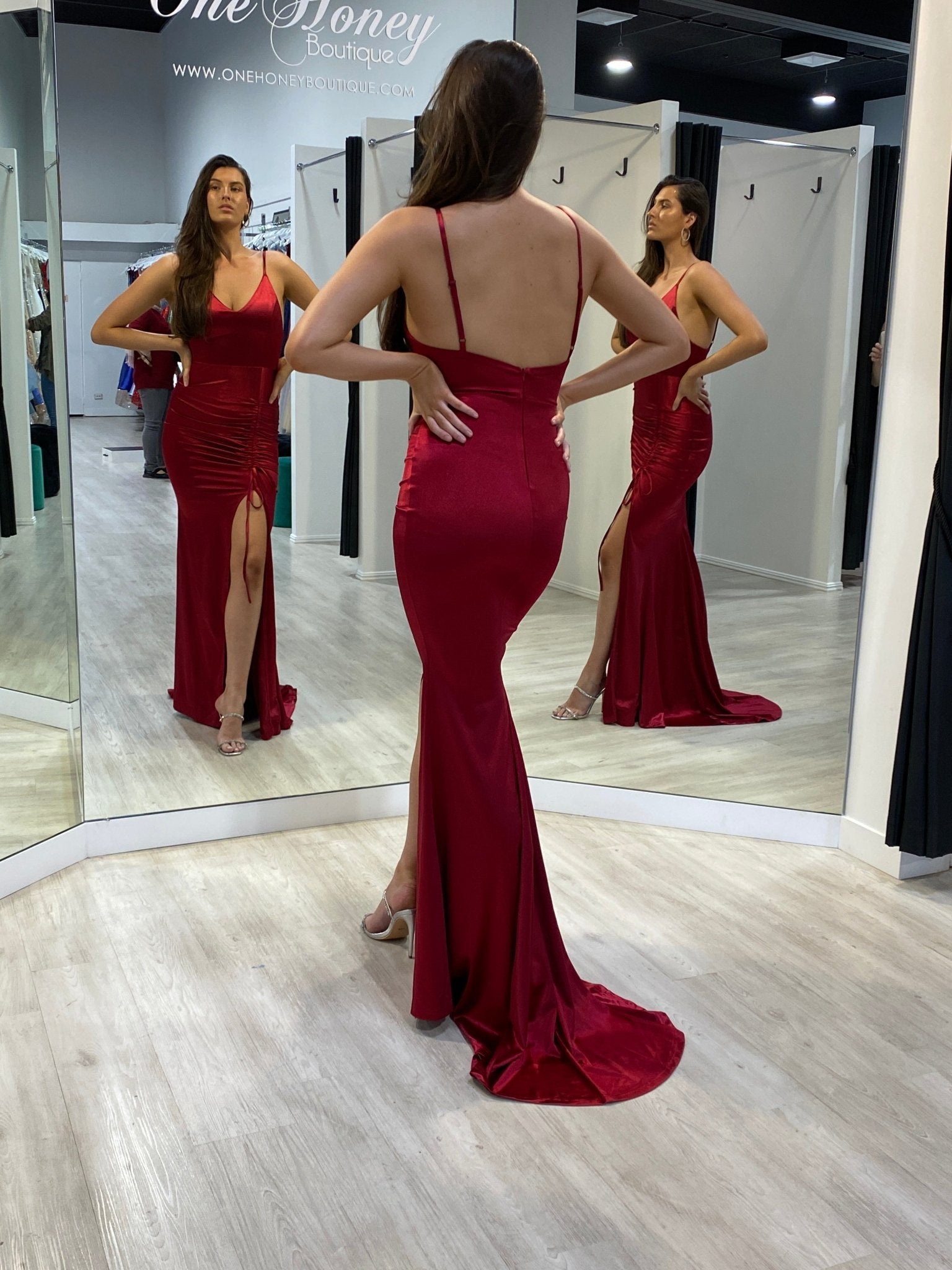 Honey Couture SIBYLLE Burgundy Silky Mermaid Formal Dress in Australia | One Honey Boutique