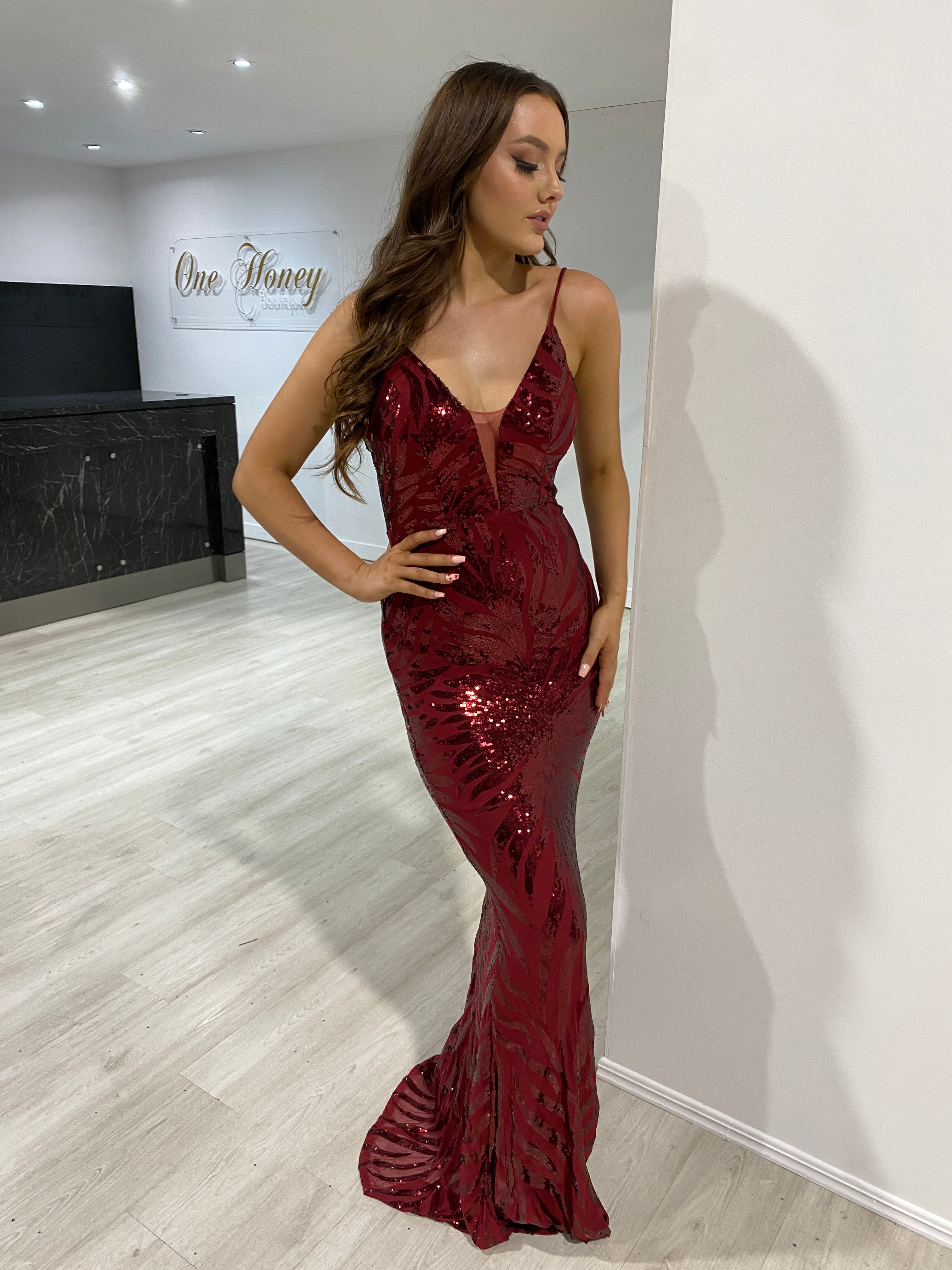 Honey Couture GENENE Burgundy Thin Strap Sequin Formal Dress
