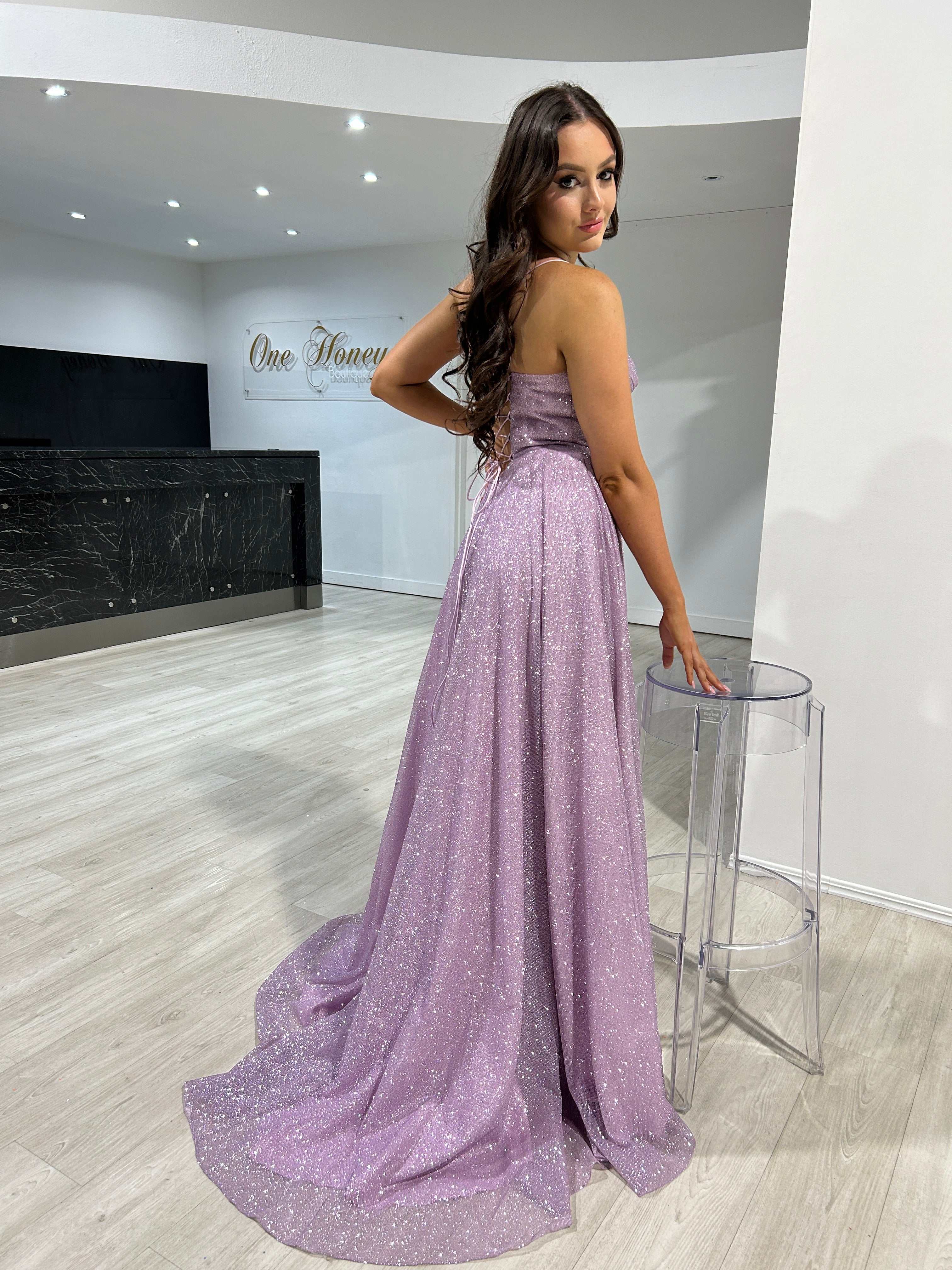 Honey Couture DREYA Lavender Purple Glitter Ball Gown Formal Dress