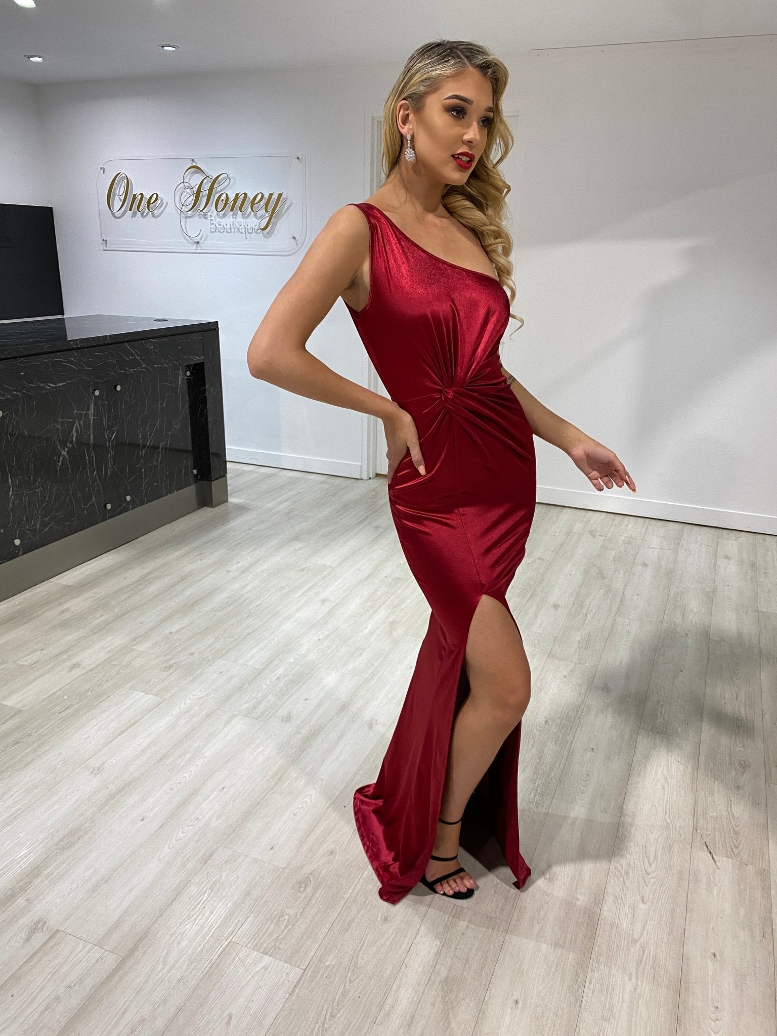 Honey Couture NEVIAH Burgundy Silky One Shoulder Leg Split Formal Dress in Australia | One Honey Boutique