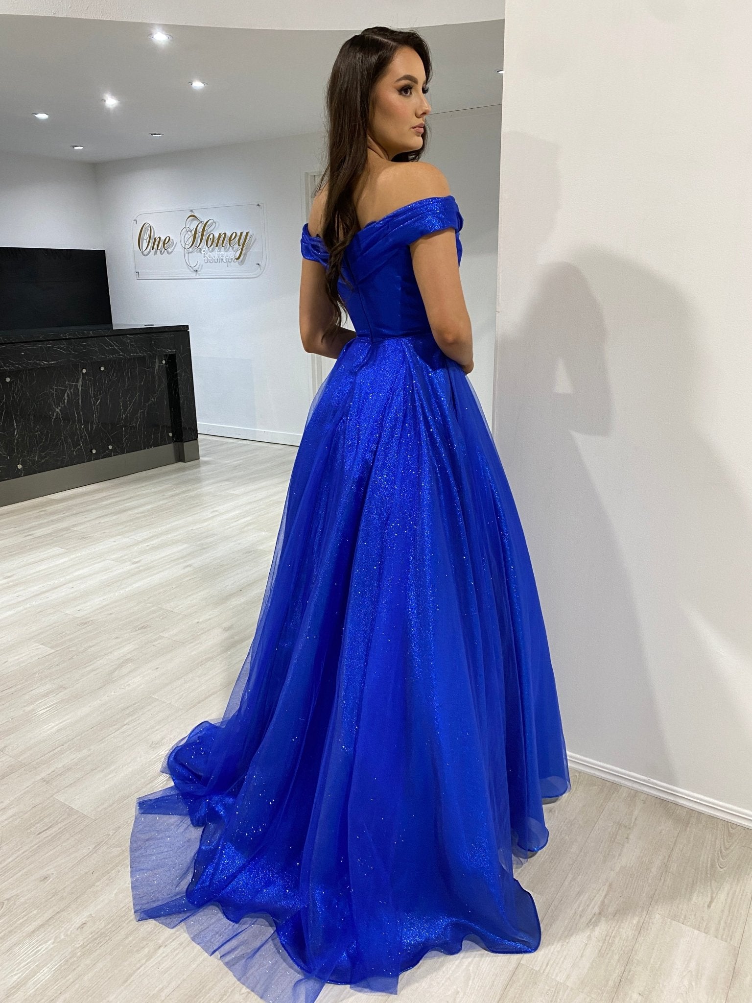 ARIANA Shimmer Off Shoulder Ballgown Formal Dress in Australia | One Honey Boutique