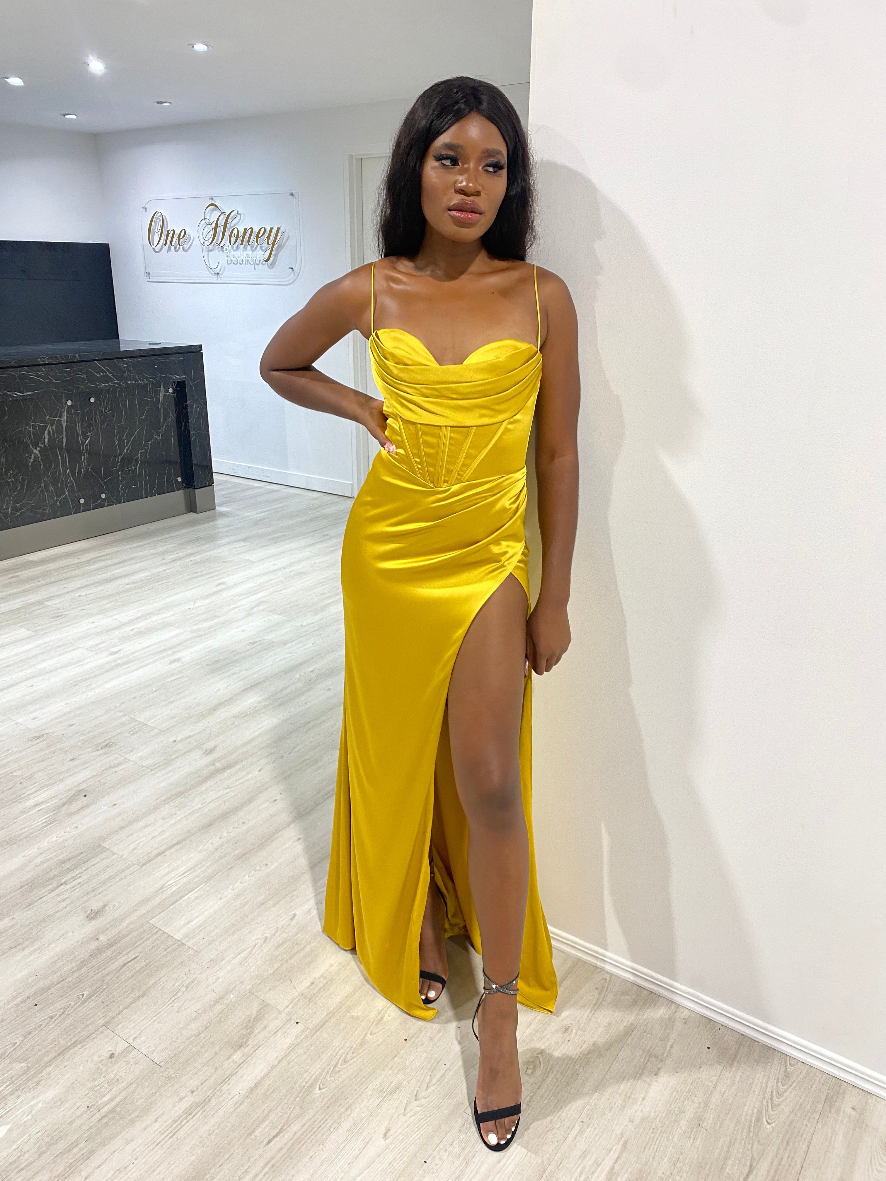 Honey Couture ZENDAYA Marigold Yellow Satin Corset Bustier Leg Split Formal Dress