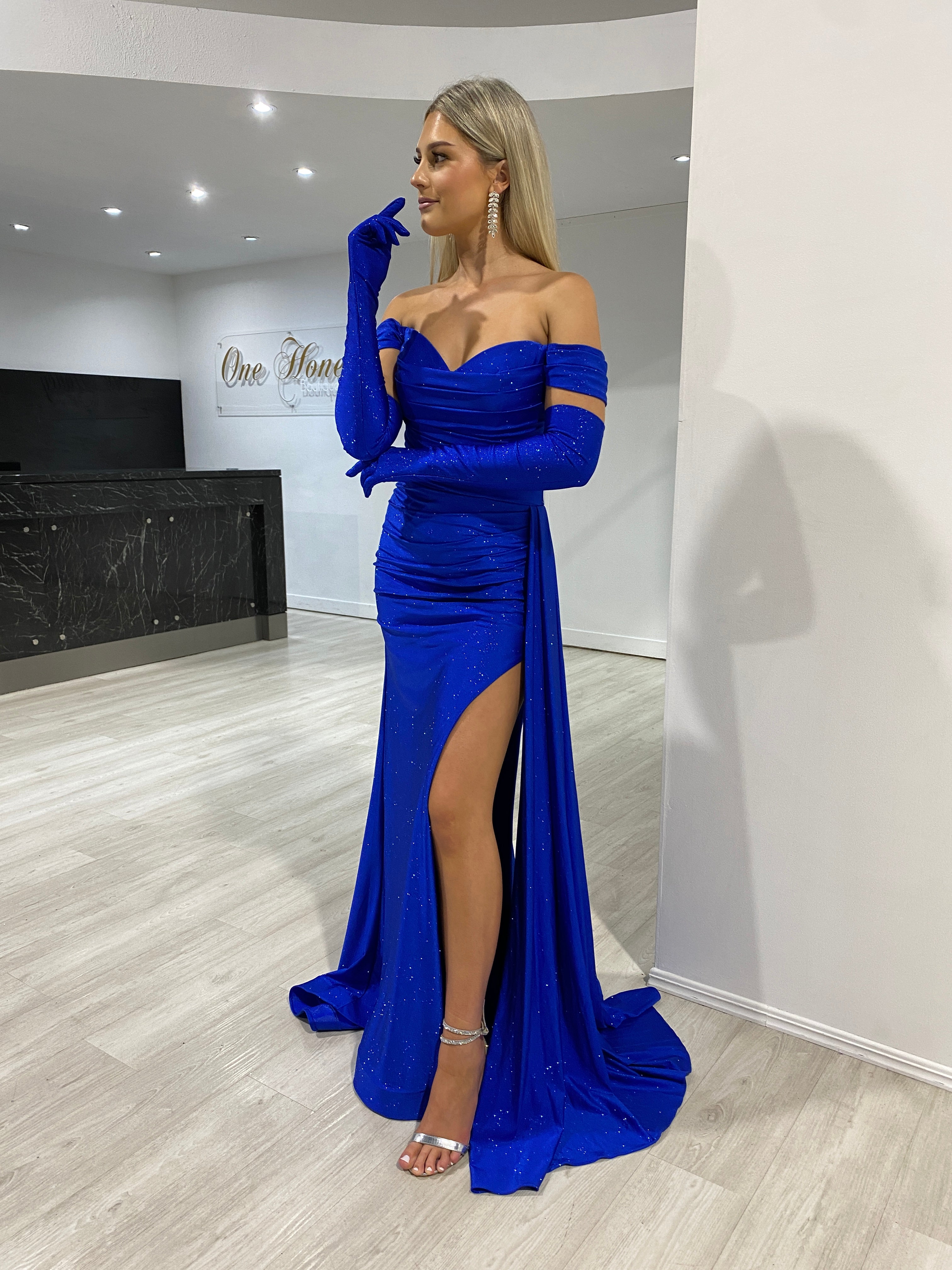 Honey Couture CHRISTINA Royal Blue Off Shoulder Glitter Shimmer Formal Dress w Gloves