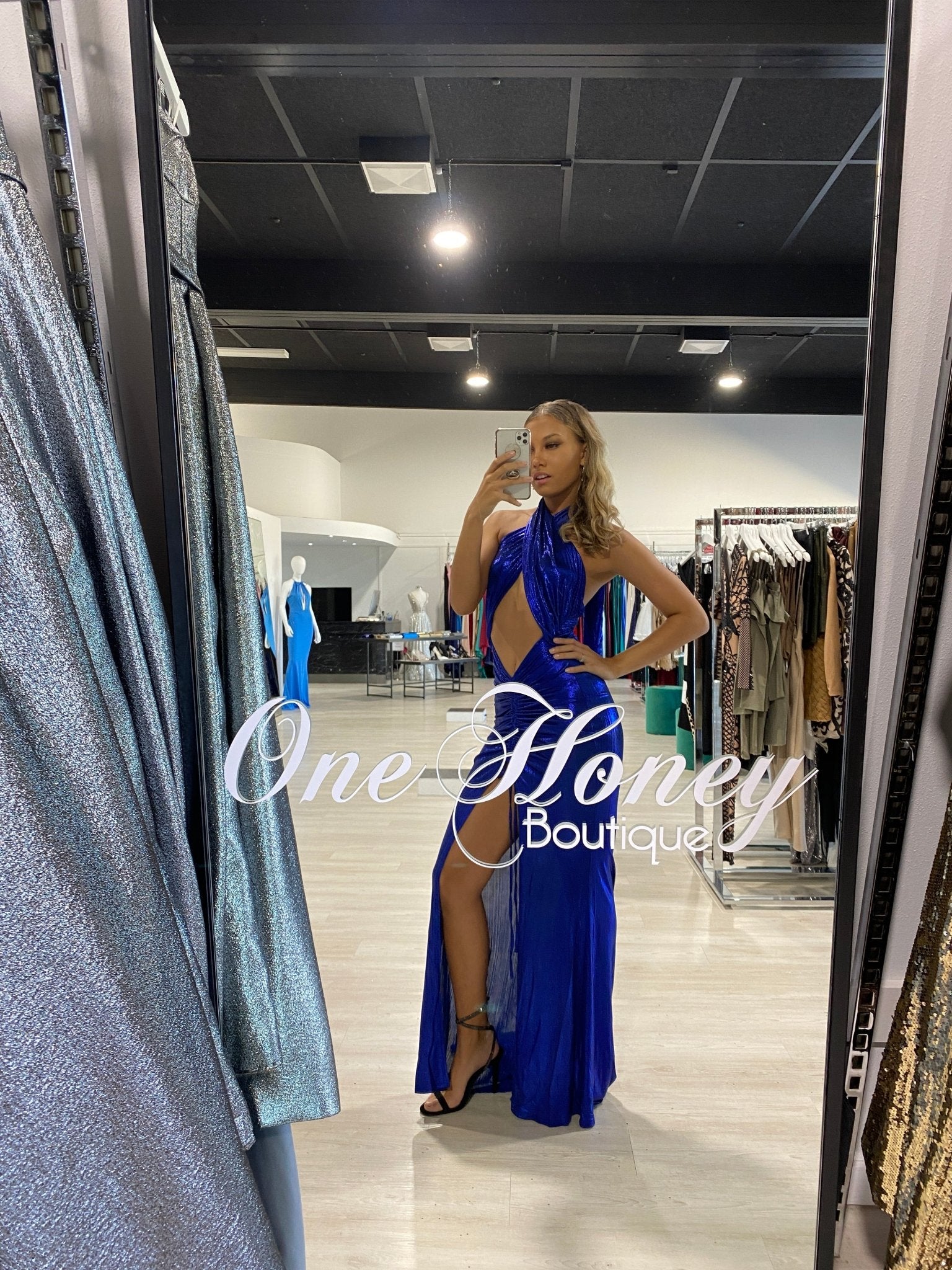 Honey Couture DARIA Electric Blue Bum Ruching Cut Out Tie Up Formal Dress in Australia | One Honey Boutique