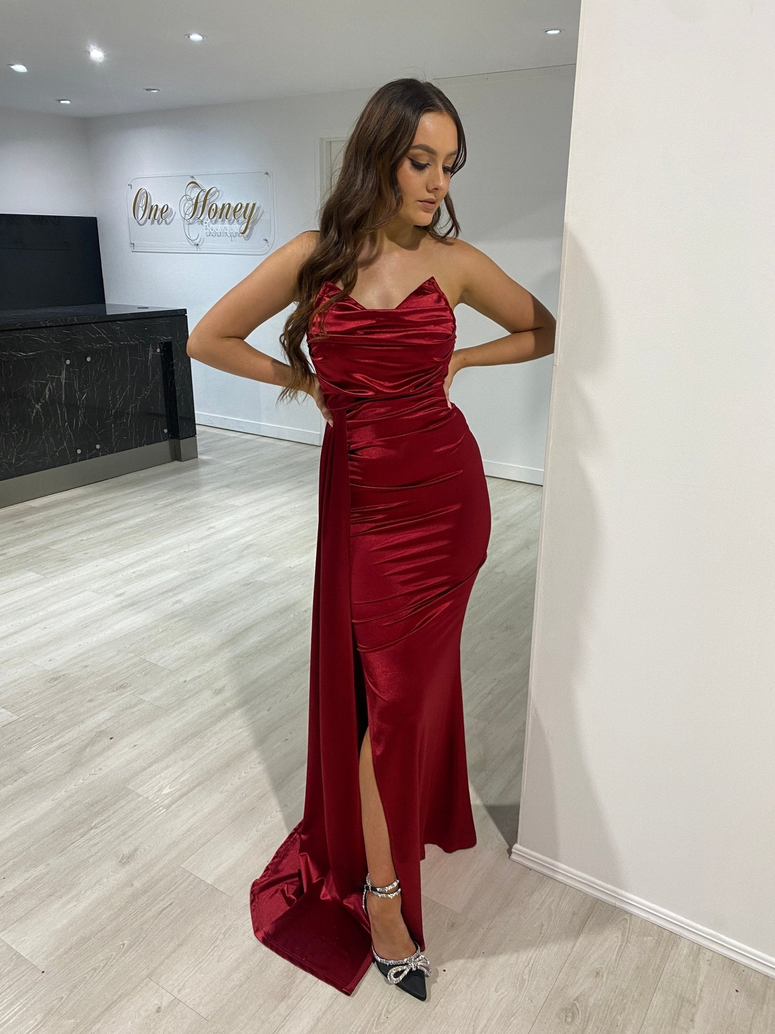 Honey Couture JAEDA Burgundy Silky Bustier Strapless Mermaid Formal Dress in Australia | One Honey Boutique