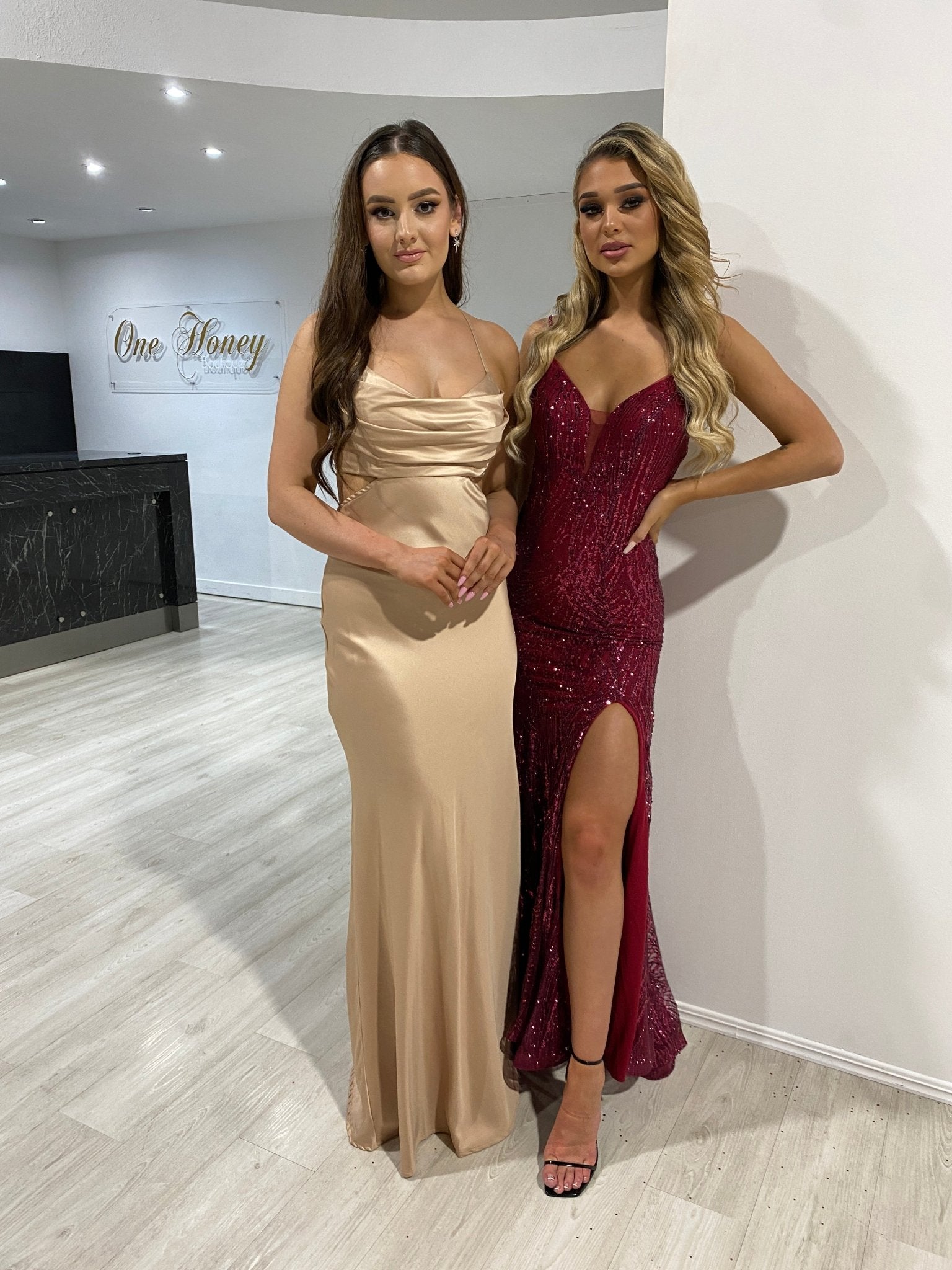 Honey Couture ELLIE Gold Silky Cut Out Maxi Dress in Australia | One Honey Boutique