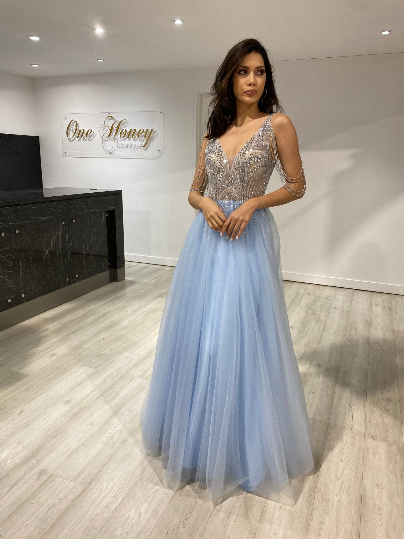 Honey Couture DEBBIE Blue Beaded Tulle Skirt Formal Dress in Australia | One Honey Boutique