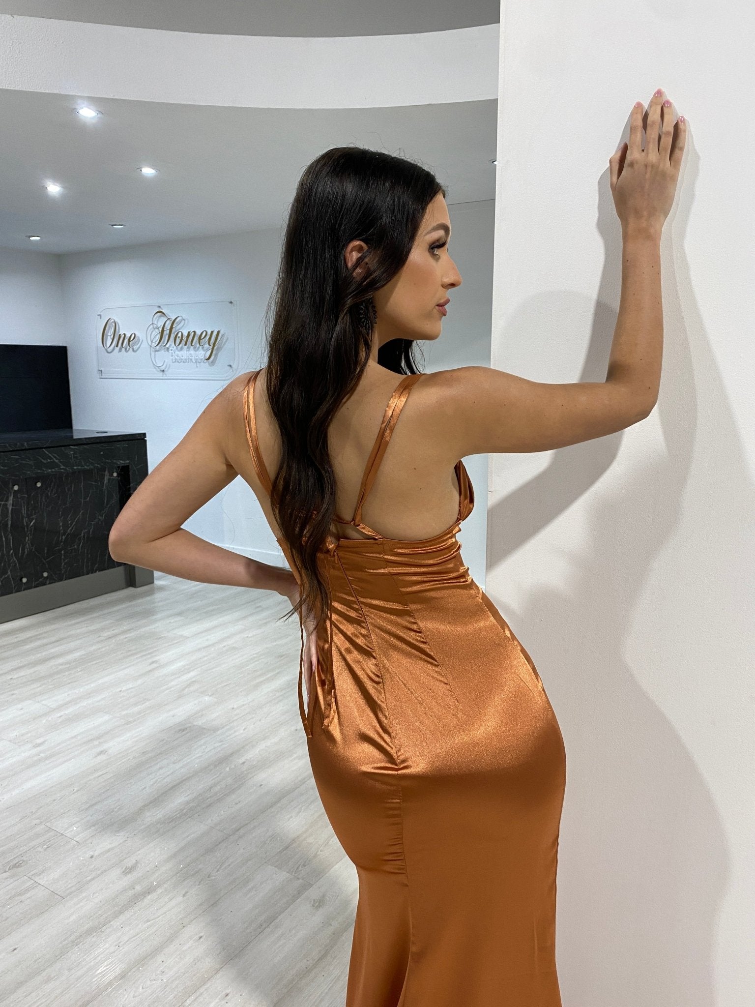 JENNA Silky Tie Back Semi Formal Prom Dress in Australia | One Honey Boutique