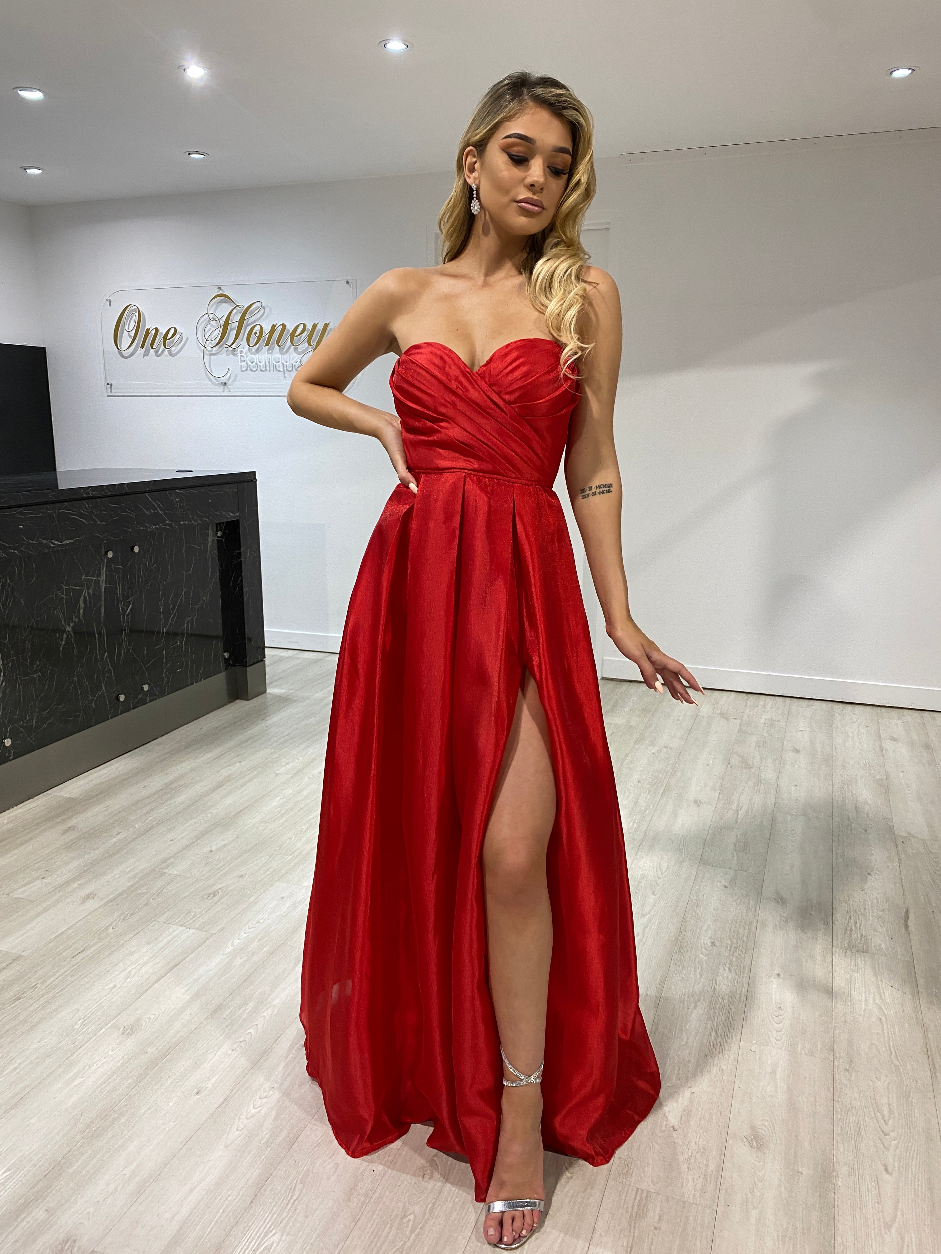 Honey Couture RUBY Red Strapless  Ballgown Formal Dress