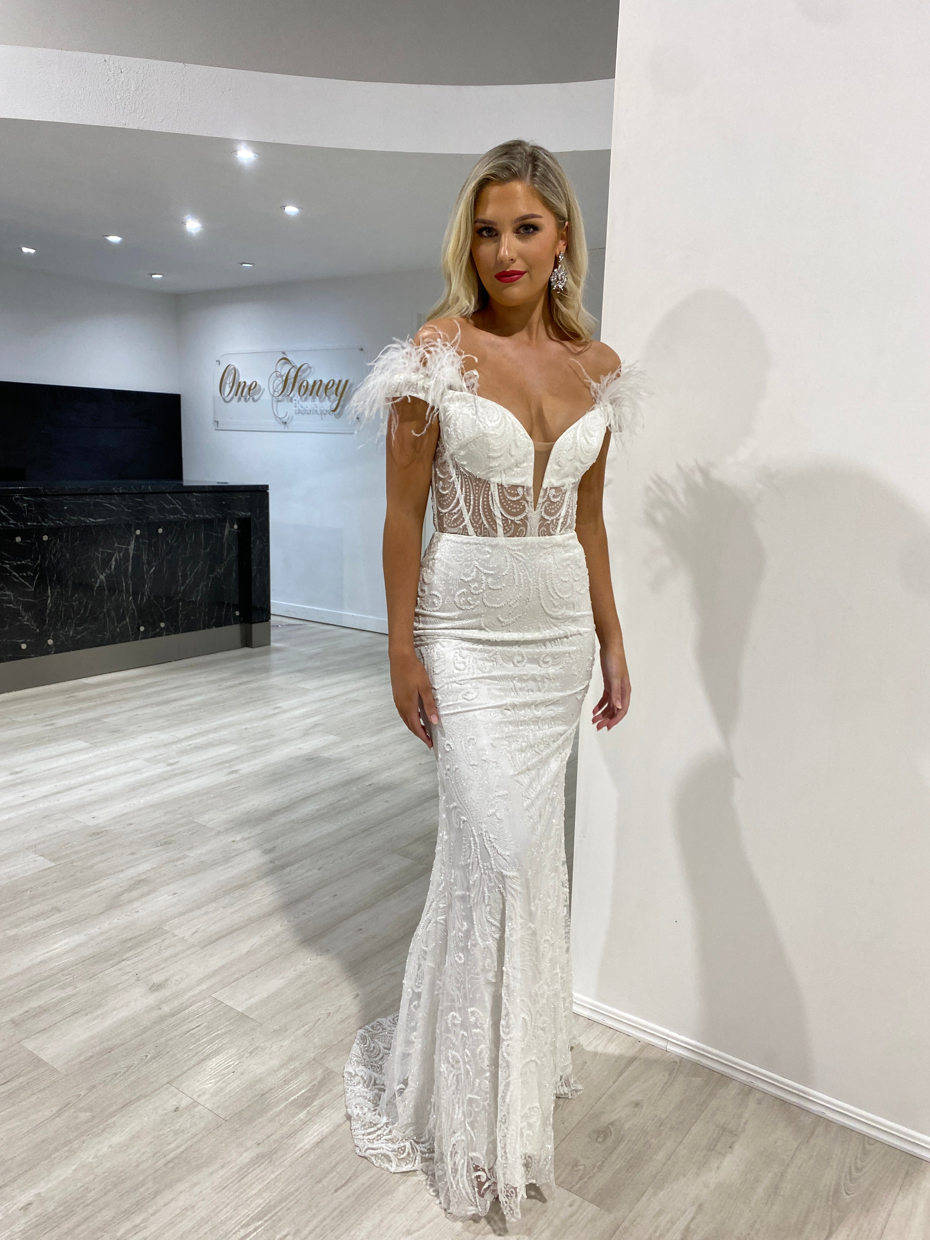 Honey Couture GOSSIP White Corset Glitter Feather Off Shoulder Bridal Dress