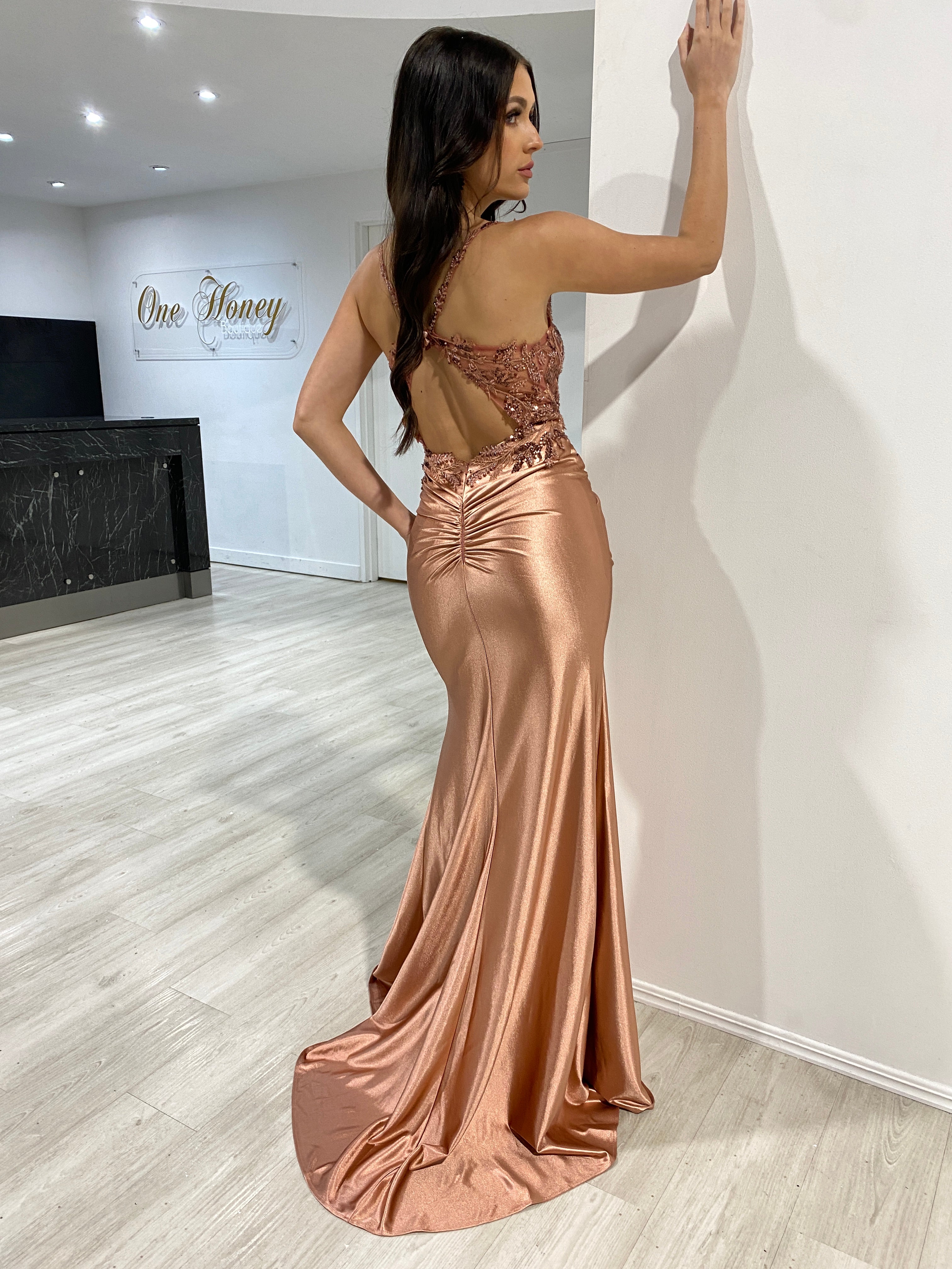 Honey Couture SALMA Copper Embellished Bustier Corset Satin Mermaid Formal Dress