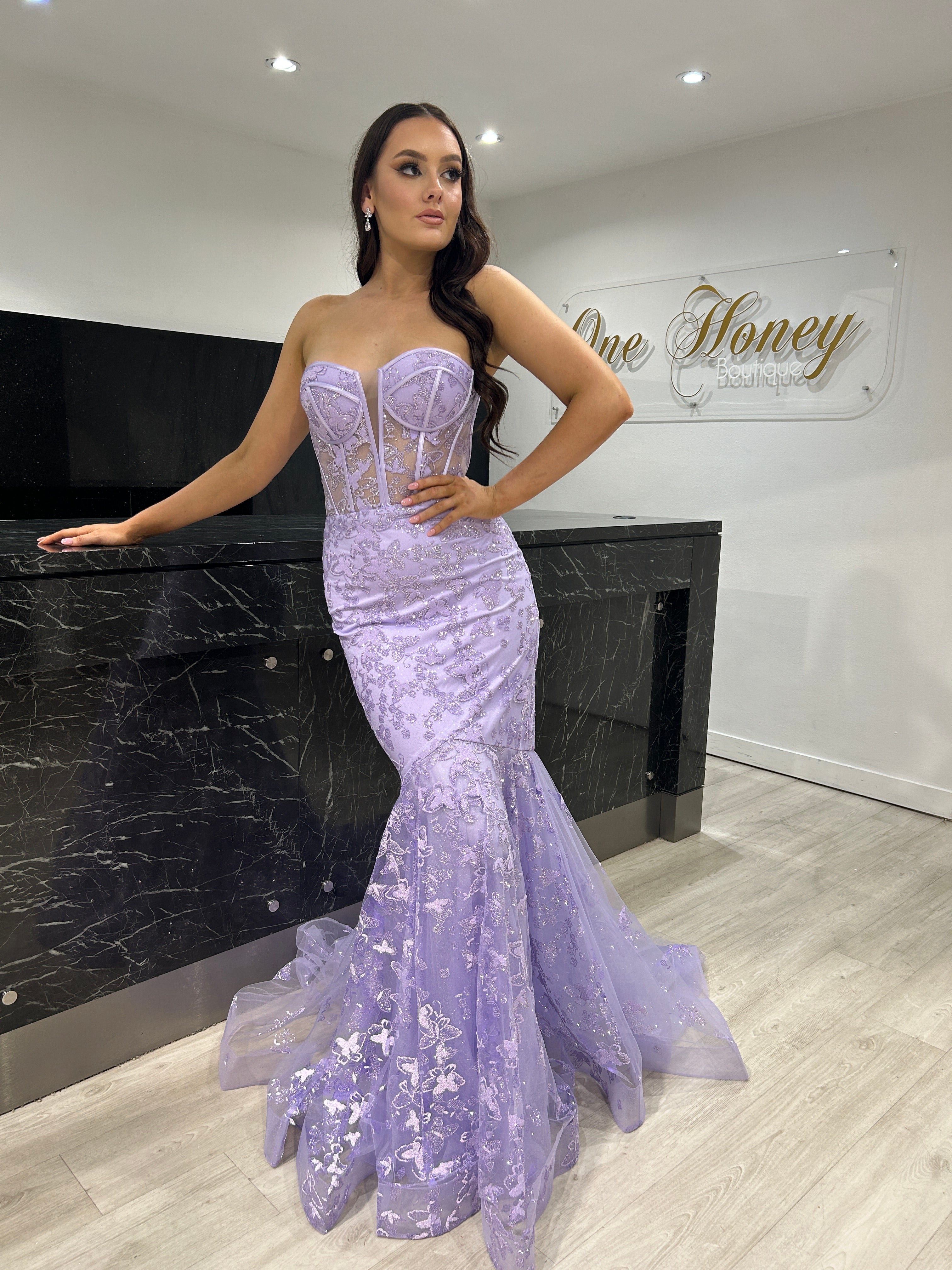 Honey Couture ENID Lavender Glitter Strapless Bustier Mermaid Formal Dress