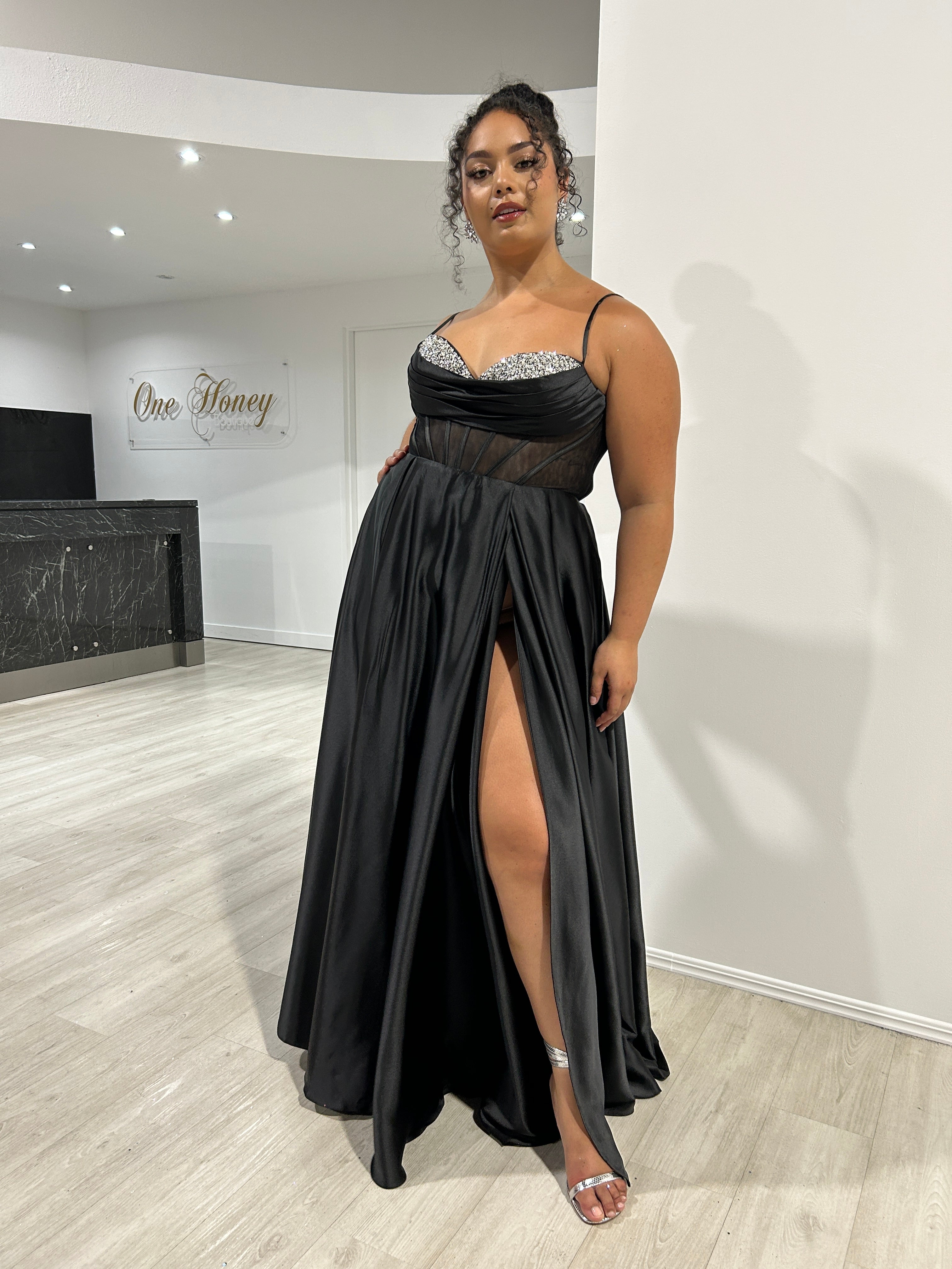Honey Couture ROJA Black Satin Diamanté Detail Corset A Line Formal Dress
