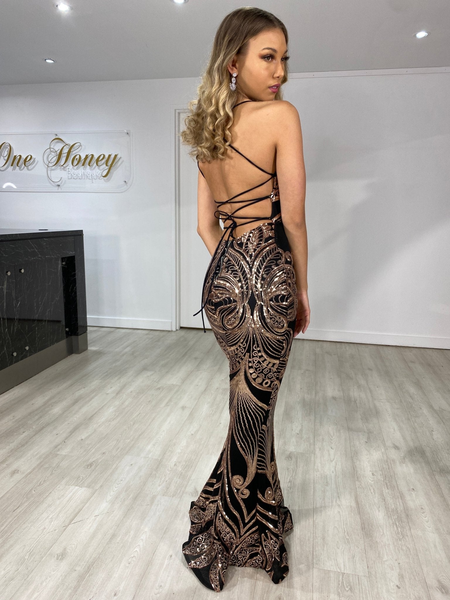 Honey Couture MAYA Black & Rose Gold Sequin Tie Up Back Formal Dress in Australia | One Honey Boutique
