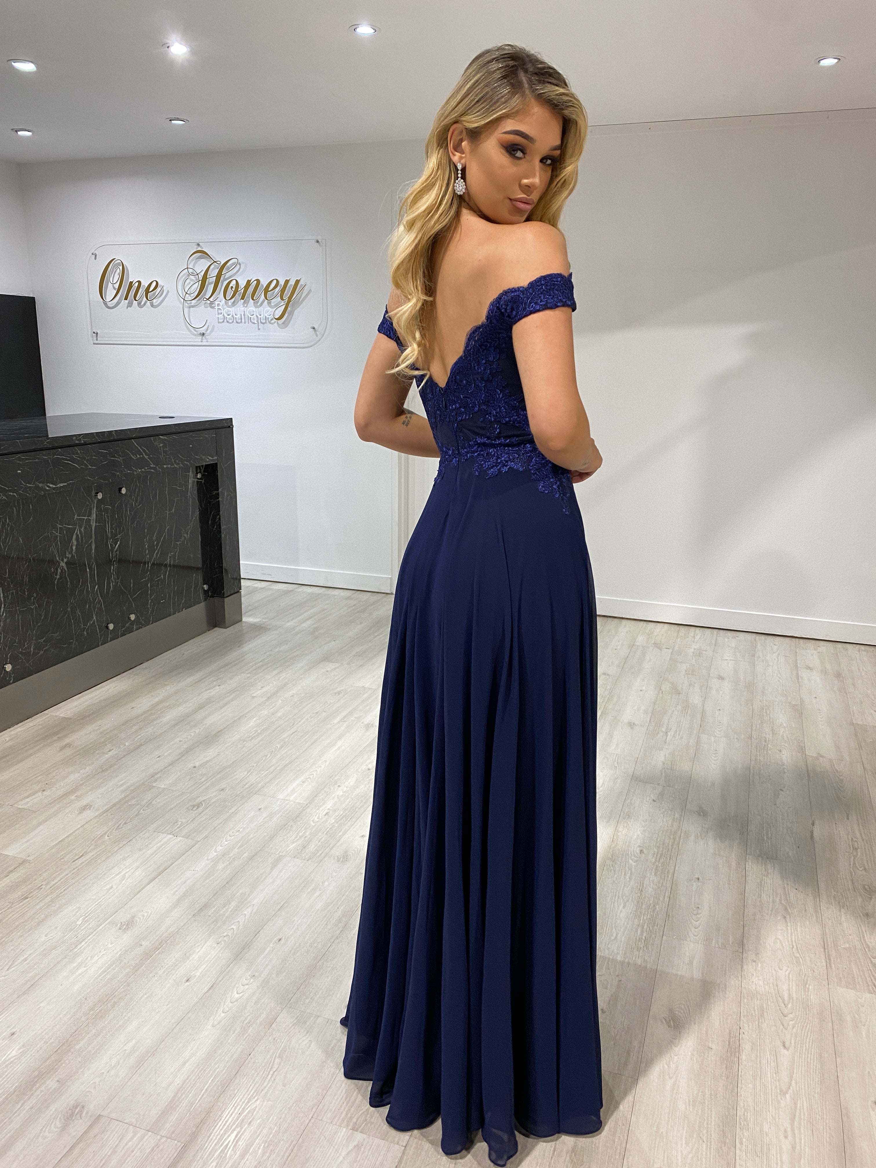 Honey Couture CARMEN Navy Blue Lace Applique Chiffon Bridesmaid Formal Dress