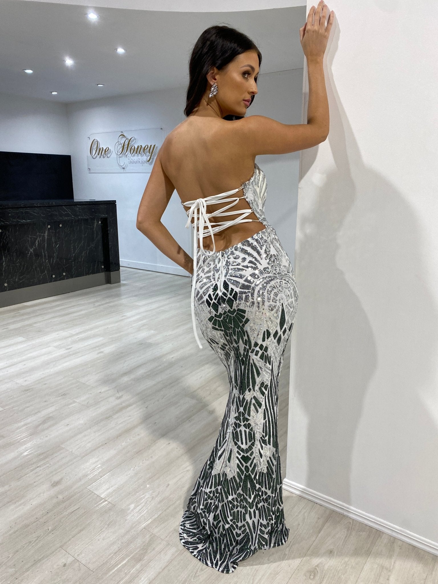 Honey Couture CIENNA White Silver & Black Lace Up Mermaid Formal Dress in Australia | One Honey Boutique