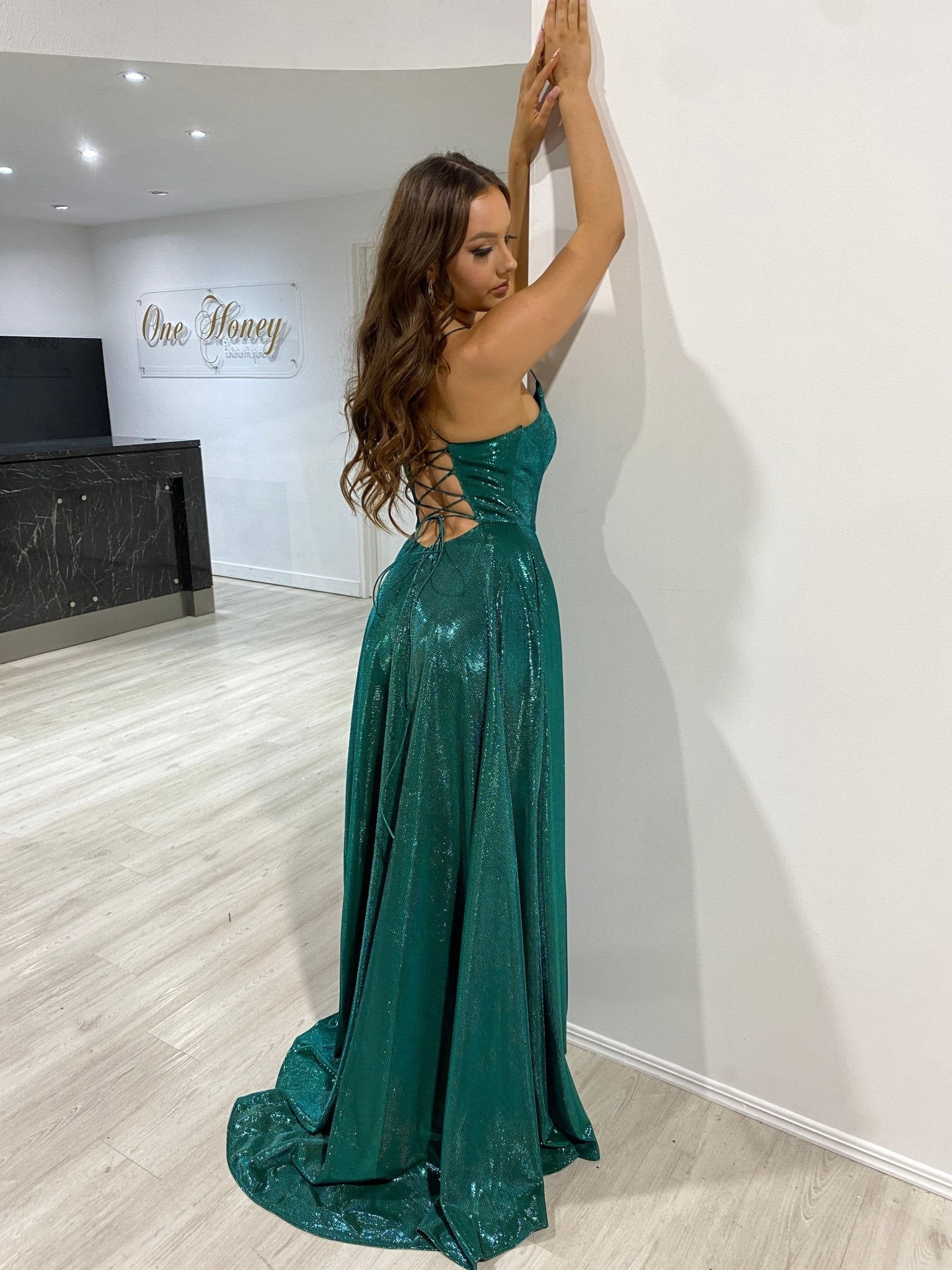 Honey Couture KYLA Emerald Green Shimmer Lace Up Back Formal Gown Dress in Australia | One Honey Boutique