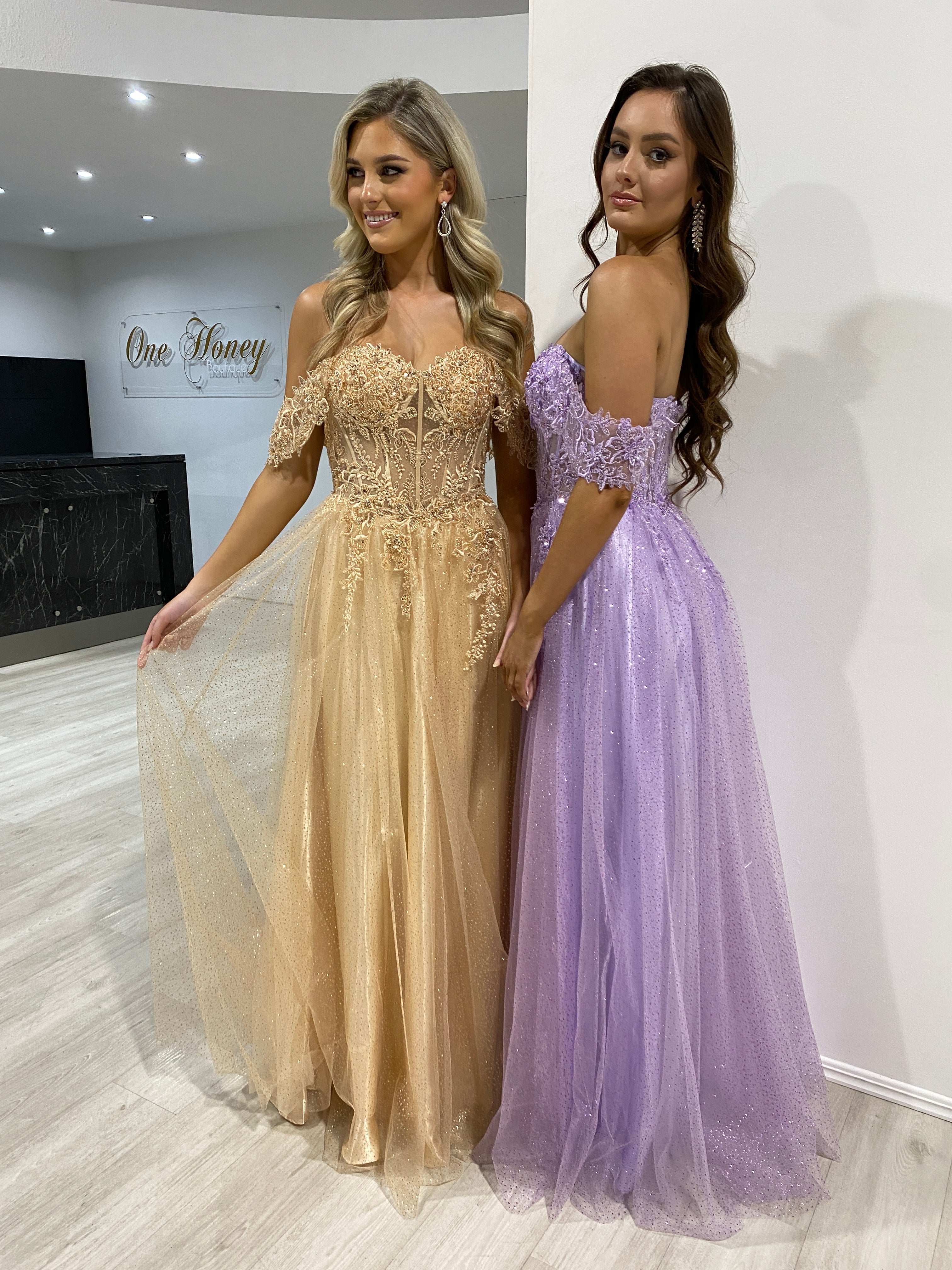 Honey Couture PHOEBE Lavender Off the Shoulder Bustier Lace Applique Tulle Formal Dress