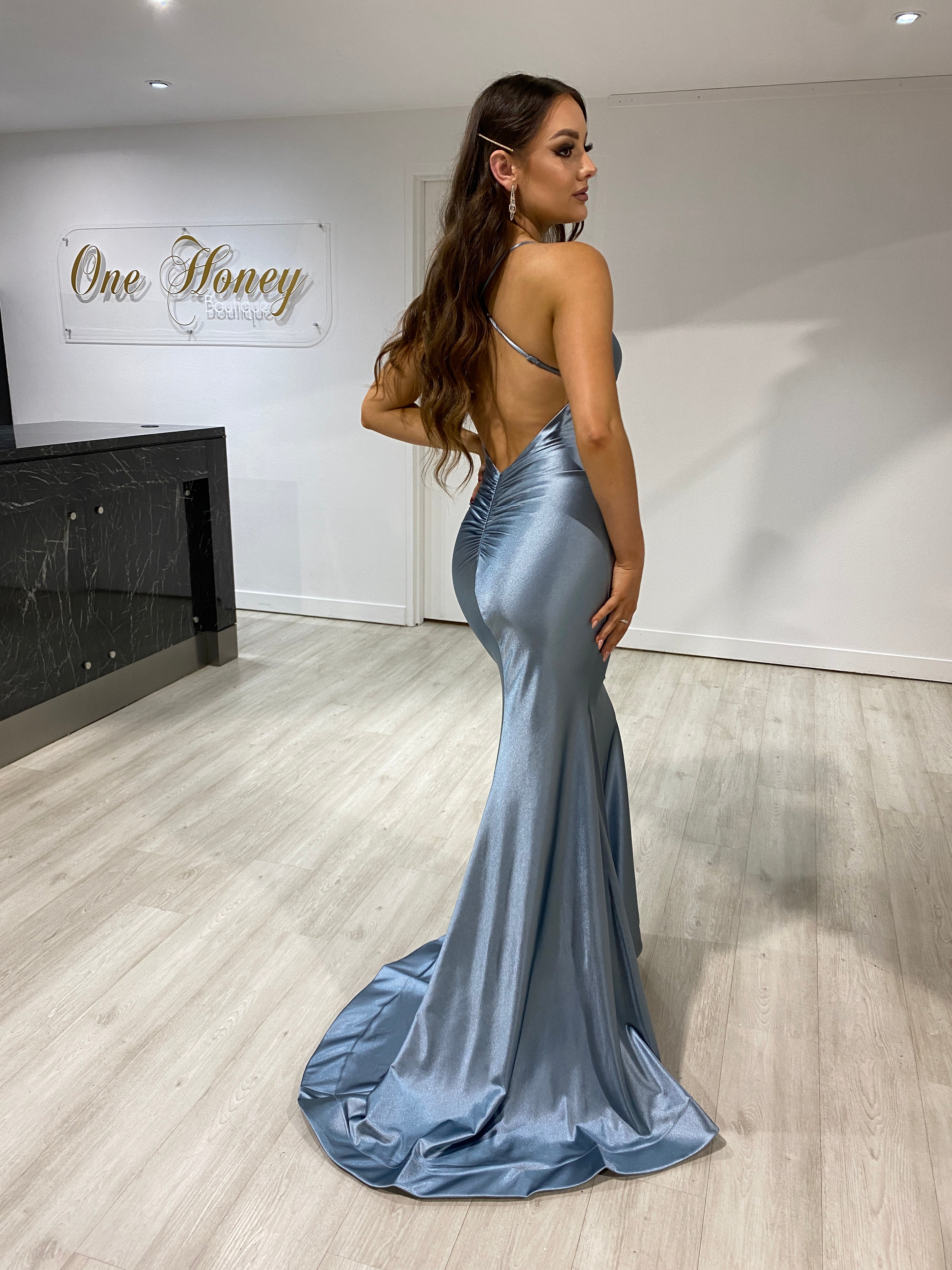 Honey Couture COCO Dusty Blue Low Back Bum Ruching Mermaid Formal Dress