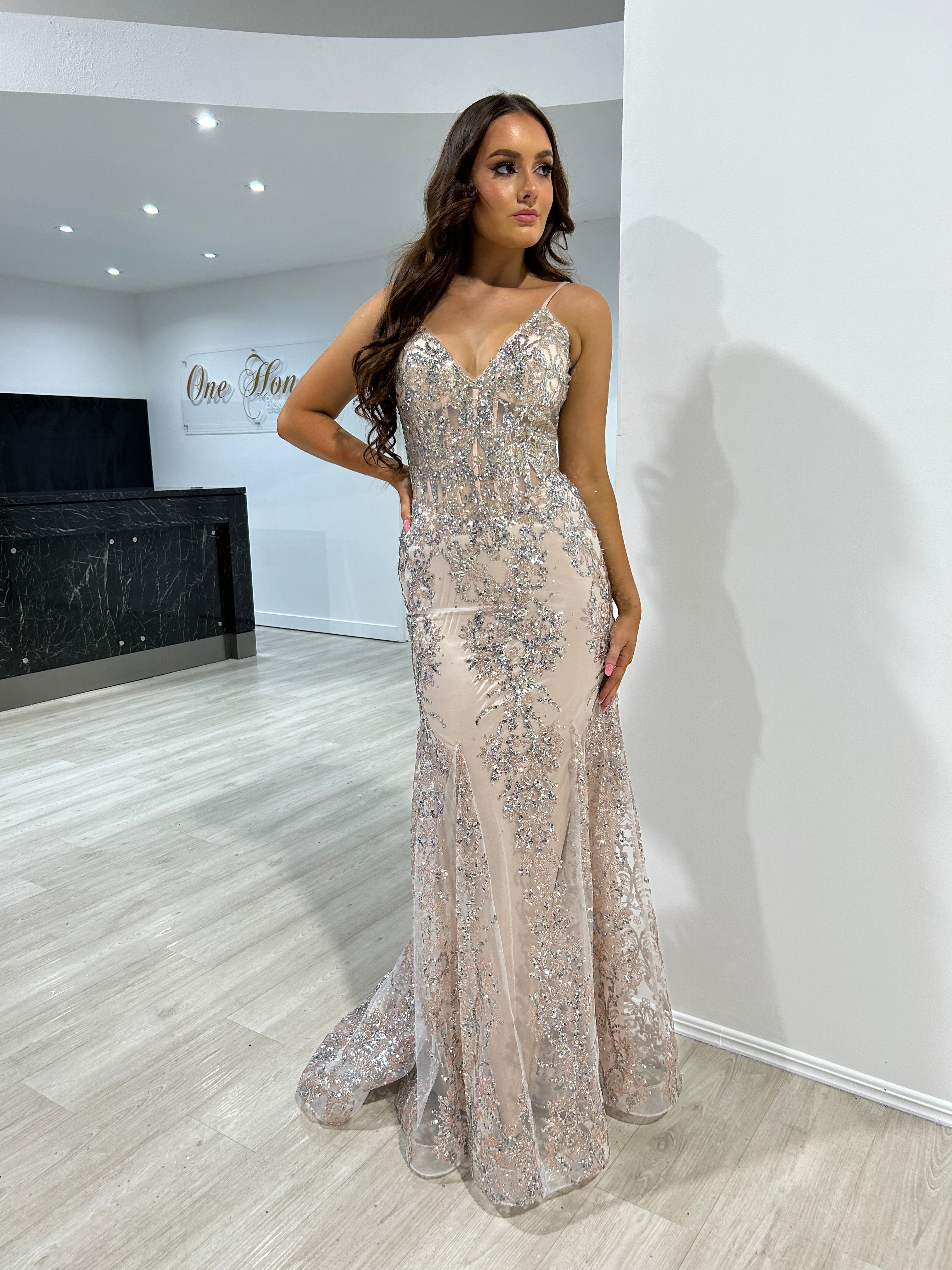 Honey Couture CAROLE Champagne Sequin Corset Mermaid Formal Gown Dress