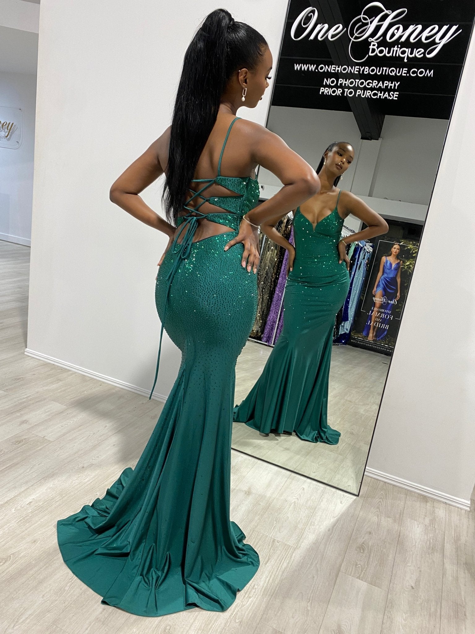 JULIANA Lace Up Back Diamante Crystal Mermaid Formal Dress in Australia | One Honey Boutique