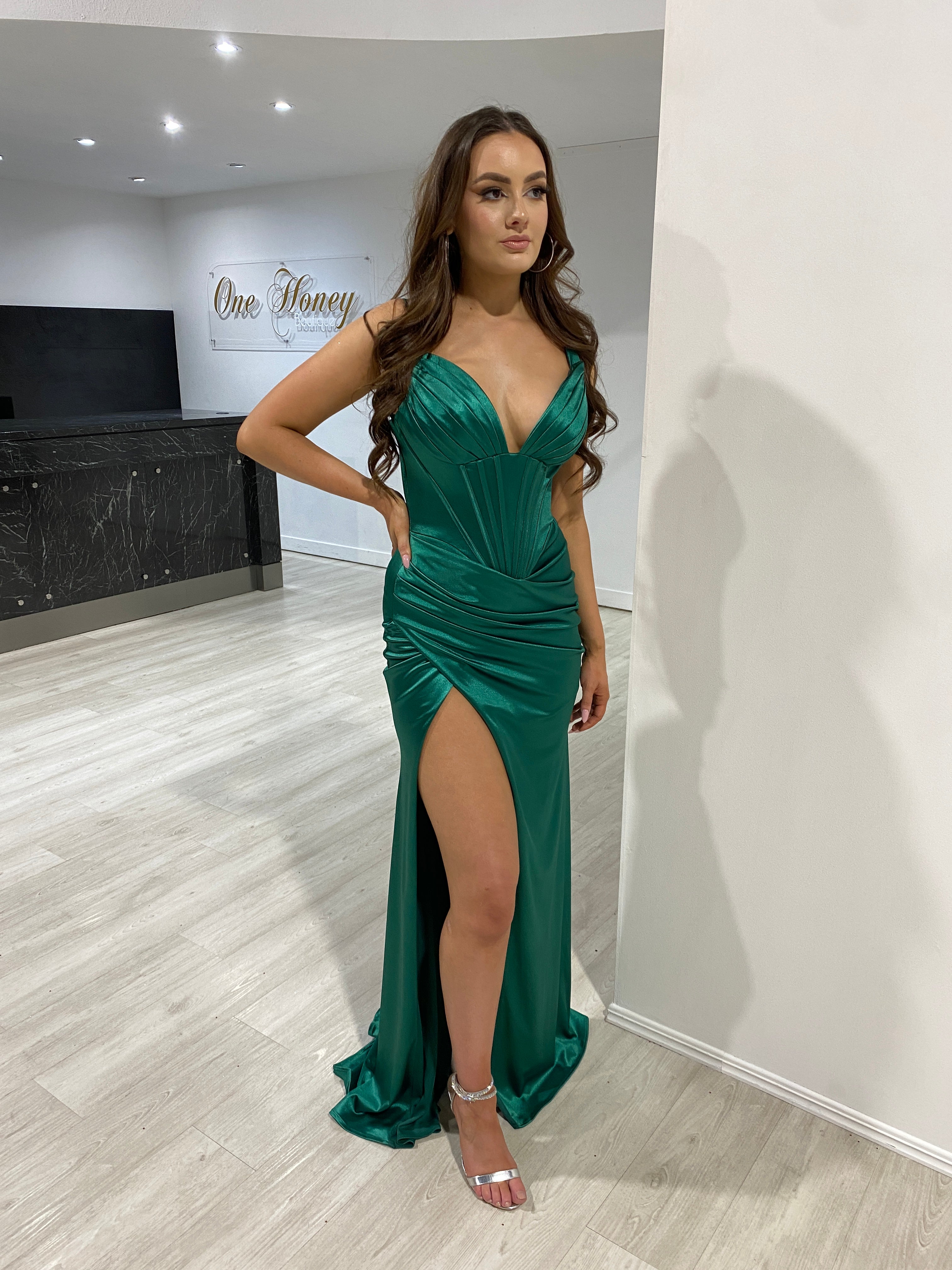 Honey Couture JADE Emerald Green Silky Satin Corset Leg Split Formal Dress