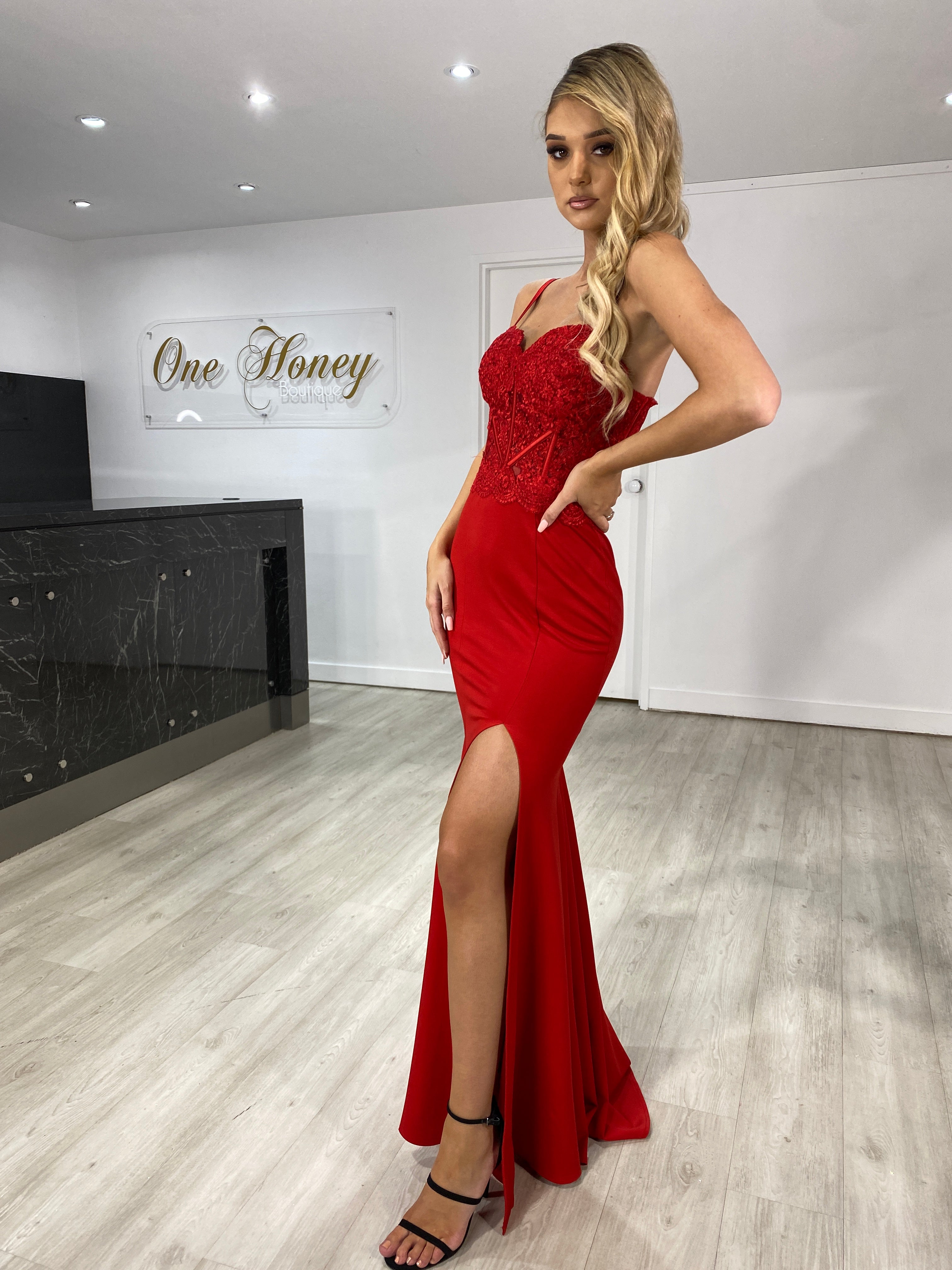Honey Couture CALLIE Red Lace Bustier Corset Style Formal Dress