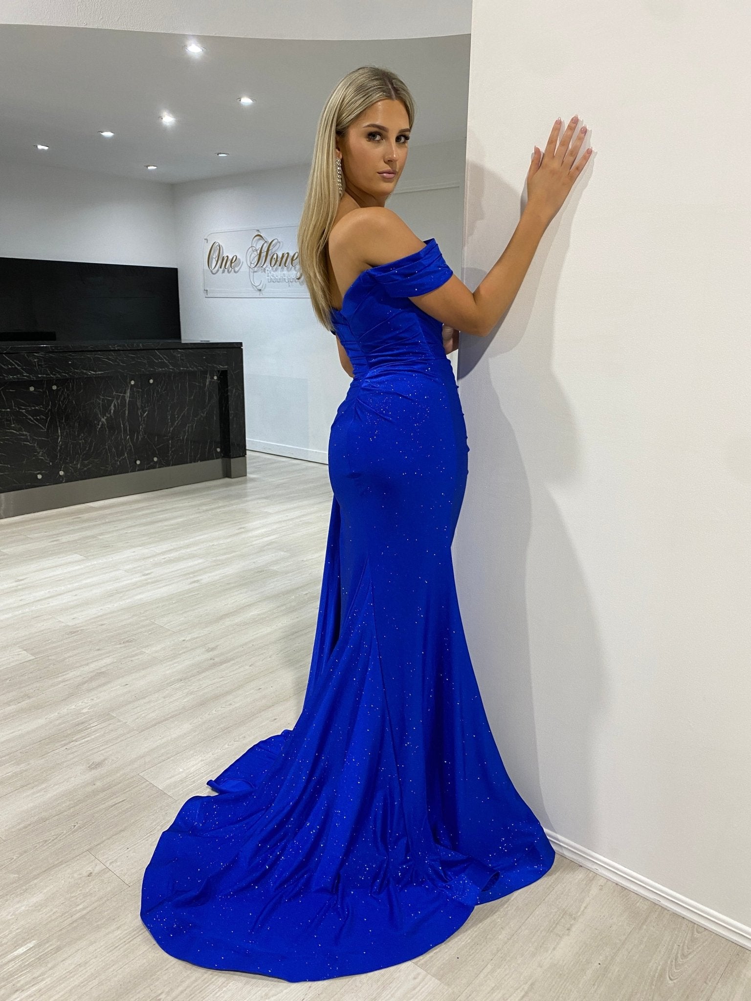 CHRISTINA Off Shoulder Glitter Shimmer Formal Dress w Gloves in Australia | One Honey Boutique