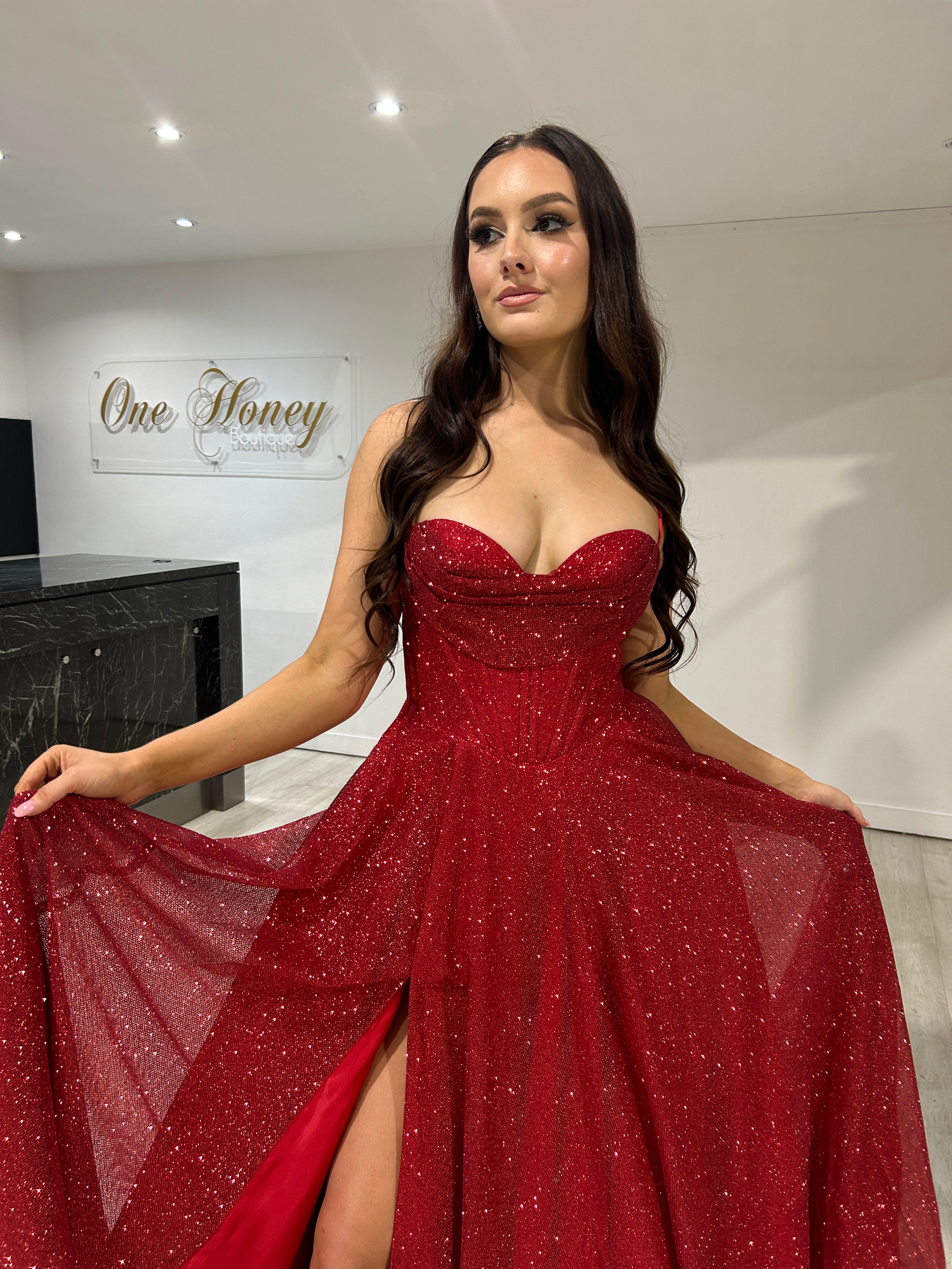 Honey Couture DREYA Red Glitter Ball Gown Formal Dress