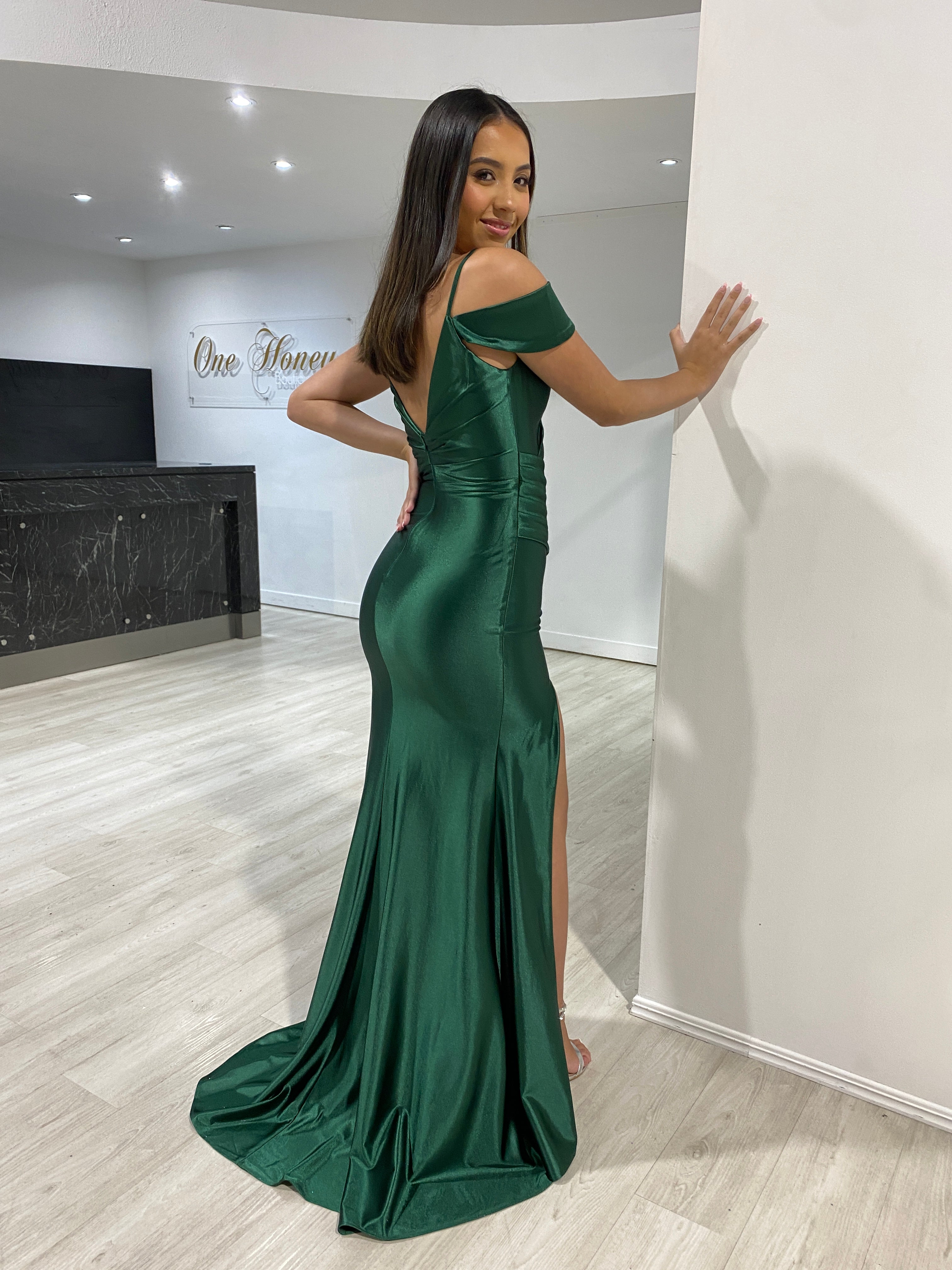 Honey Couture ROMY Emerald Silky Off Shoulder Formal Dress
