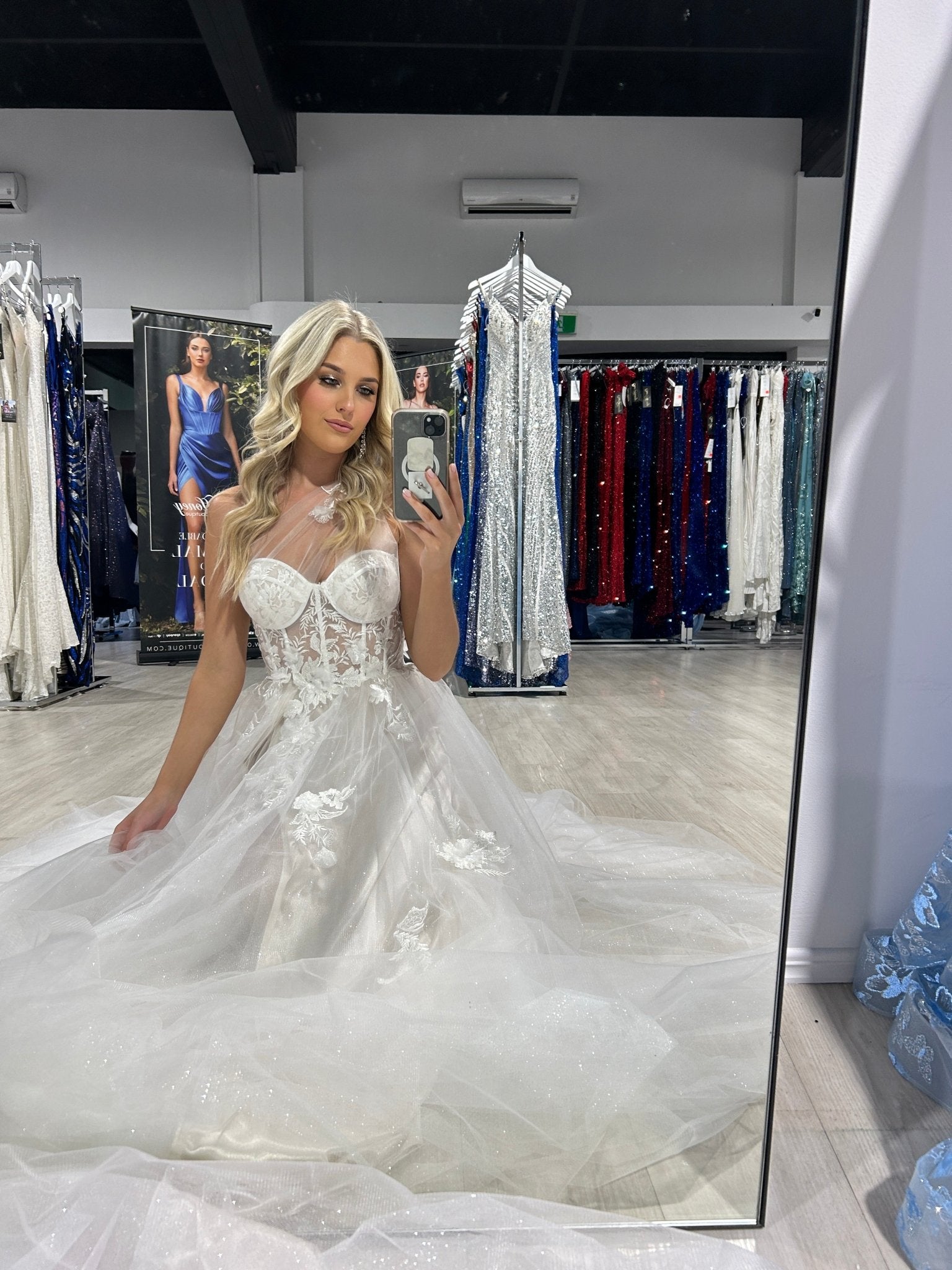 Honey Couture LUCIA Off White Sheer Bustier Corset Tulle Formal Gown in Australia | One Honey Boutique