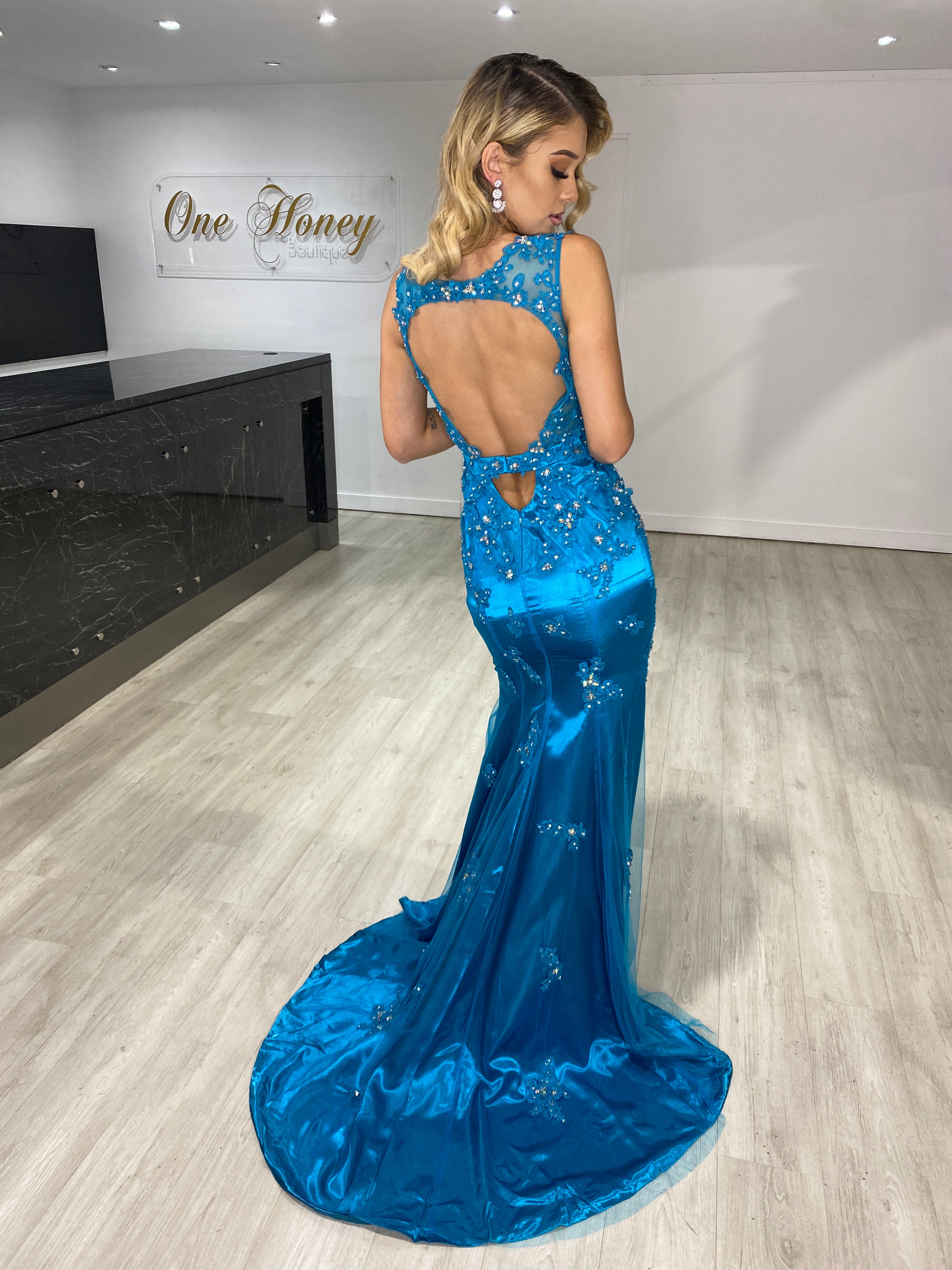 Honey Couture SERENA Blue Sequin Beaded Applique Leg Split Formal Dress