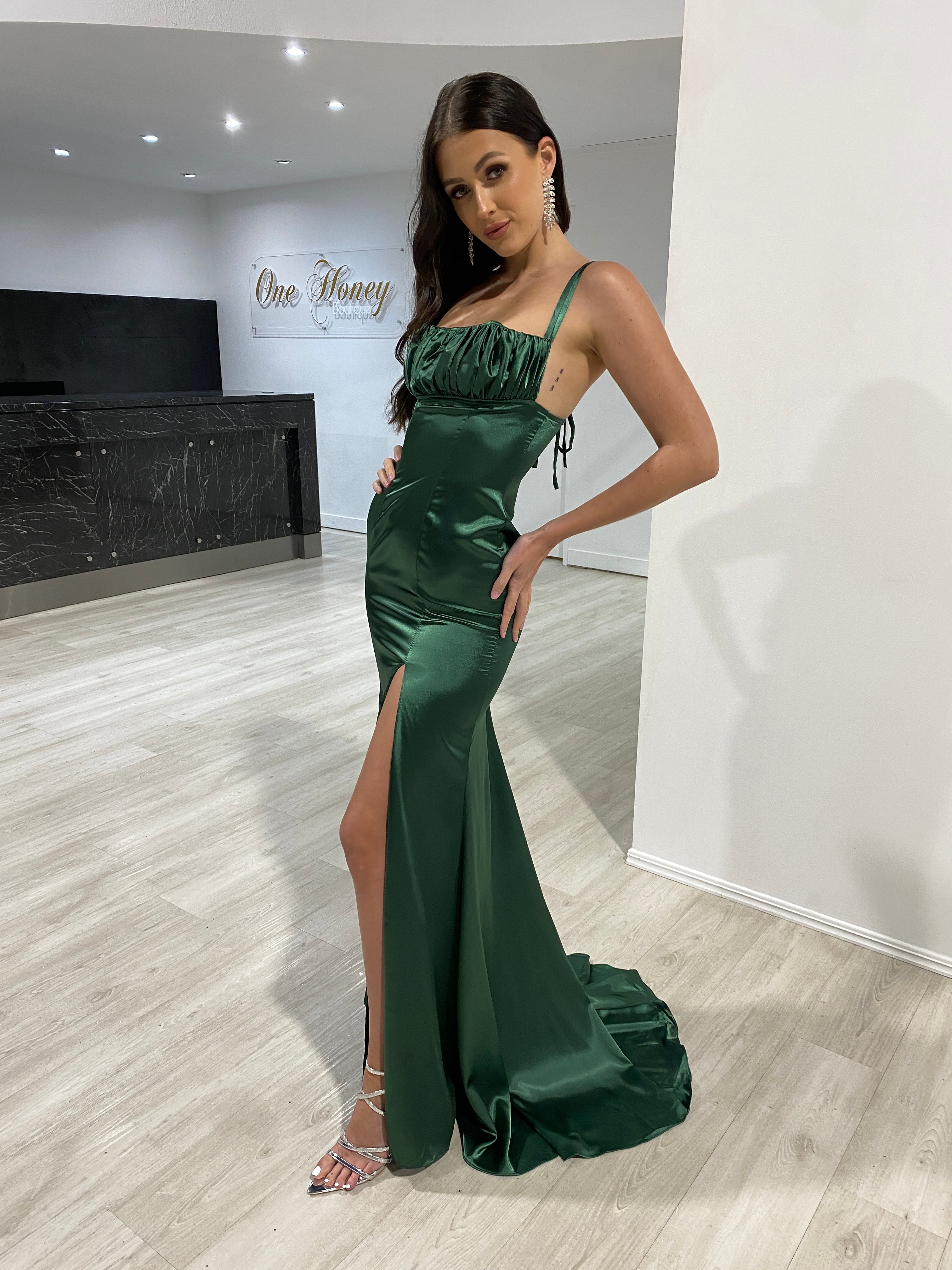 Honey Couture JENNA Emerald Green Silky Mermaid Gown