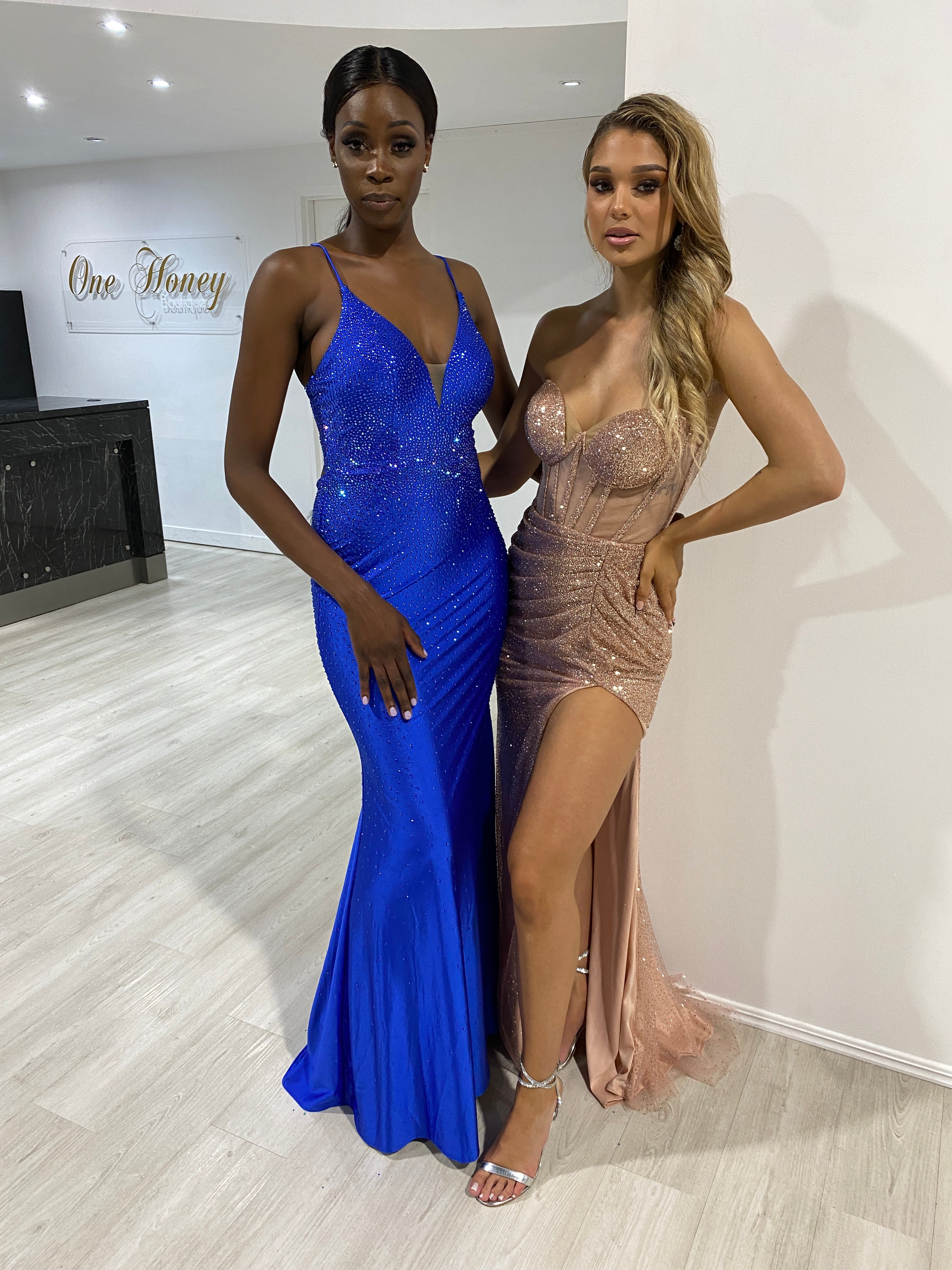 Honey Couture KARLIE Royal Blue Diamante Open Up Mermaid Formal Dress