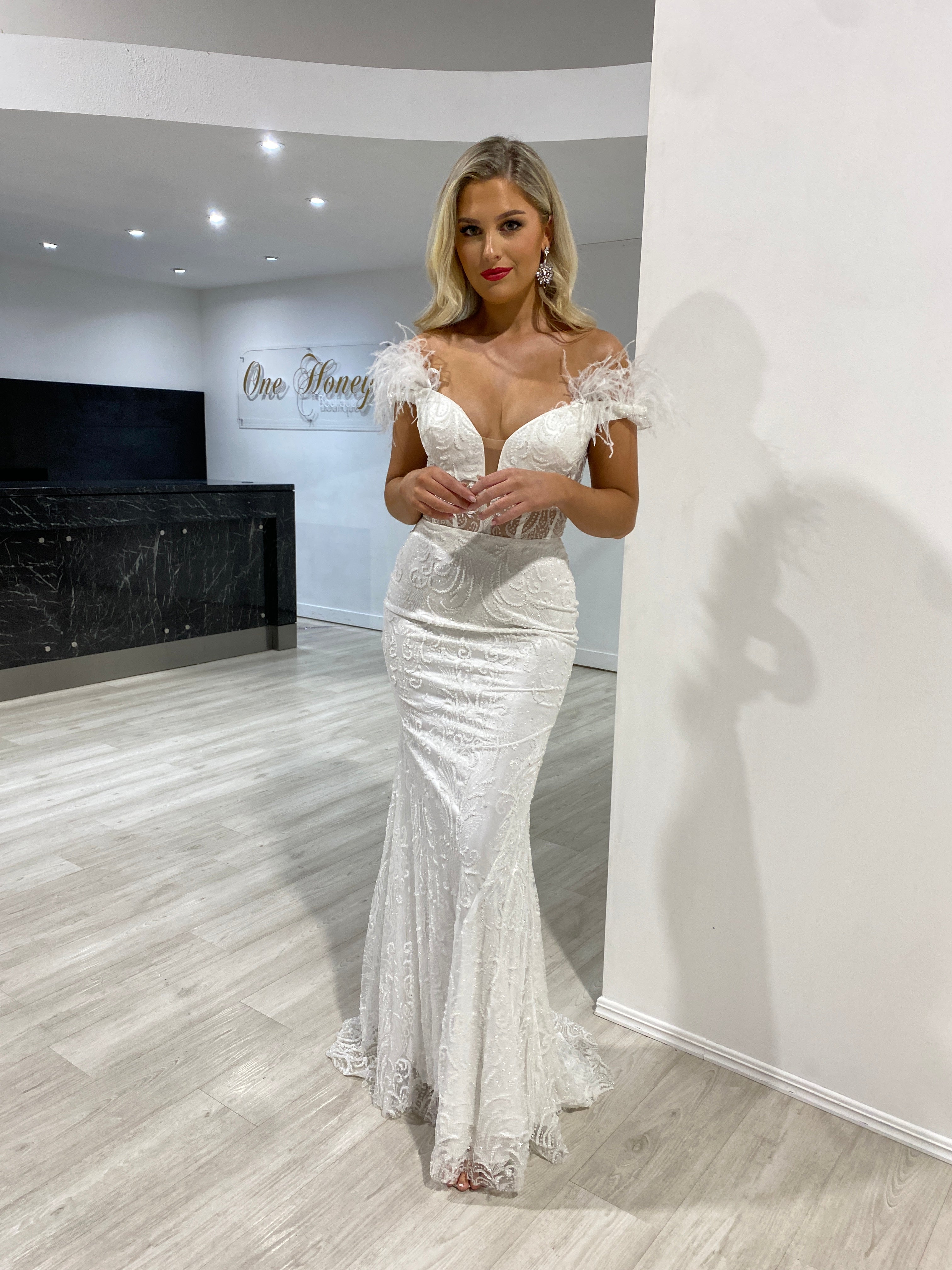Honey Couture GOSSIP White Corset Glitter Feather Off Shoulder Bridal Dress