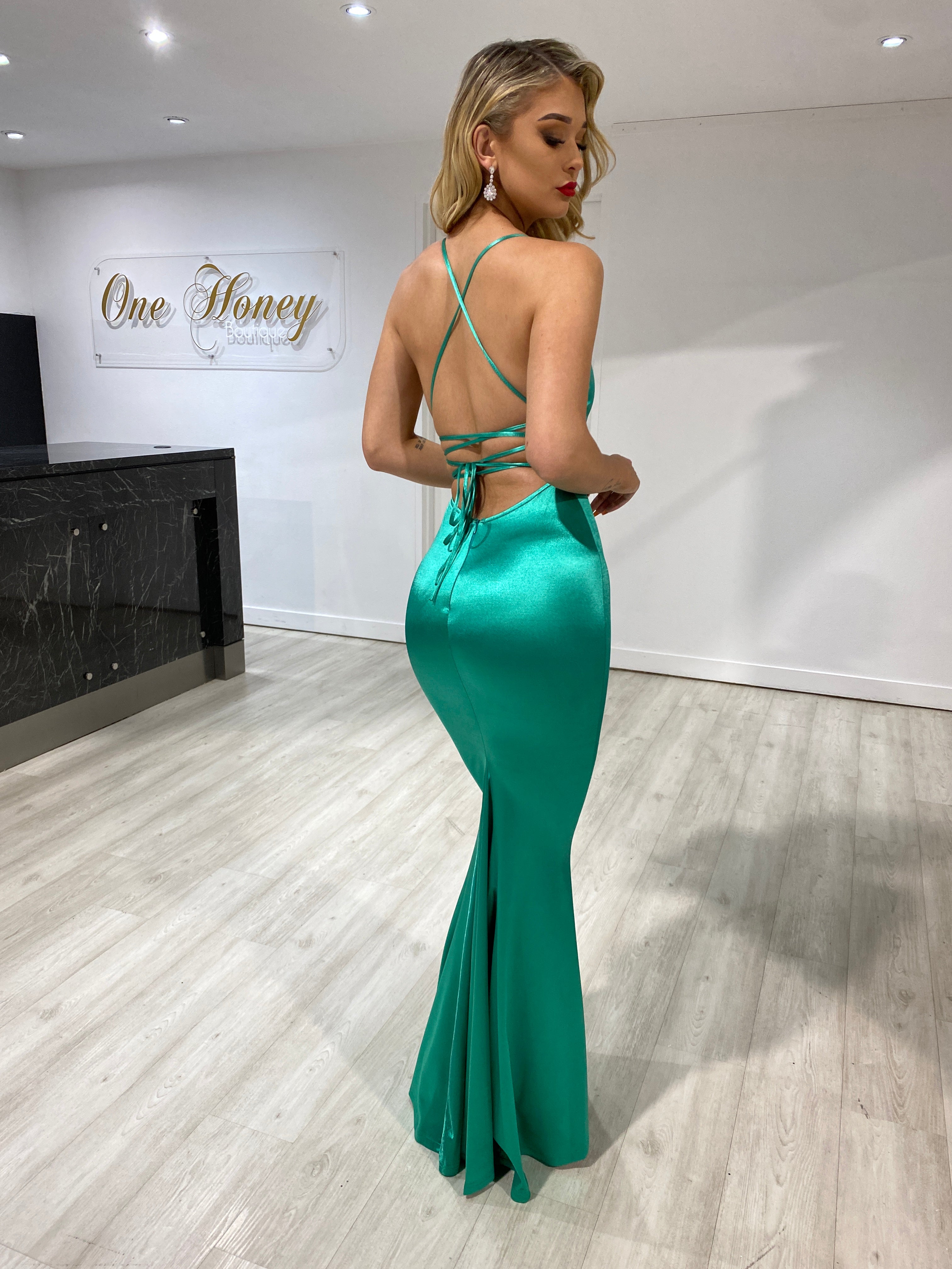 Honey Couture RIKKI Green Open Lace Up Back Formal Dress