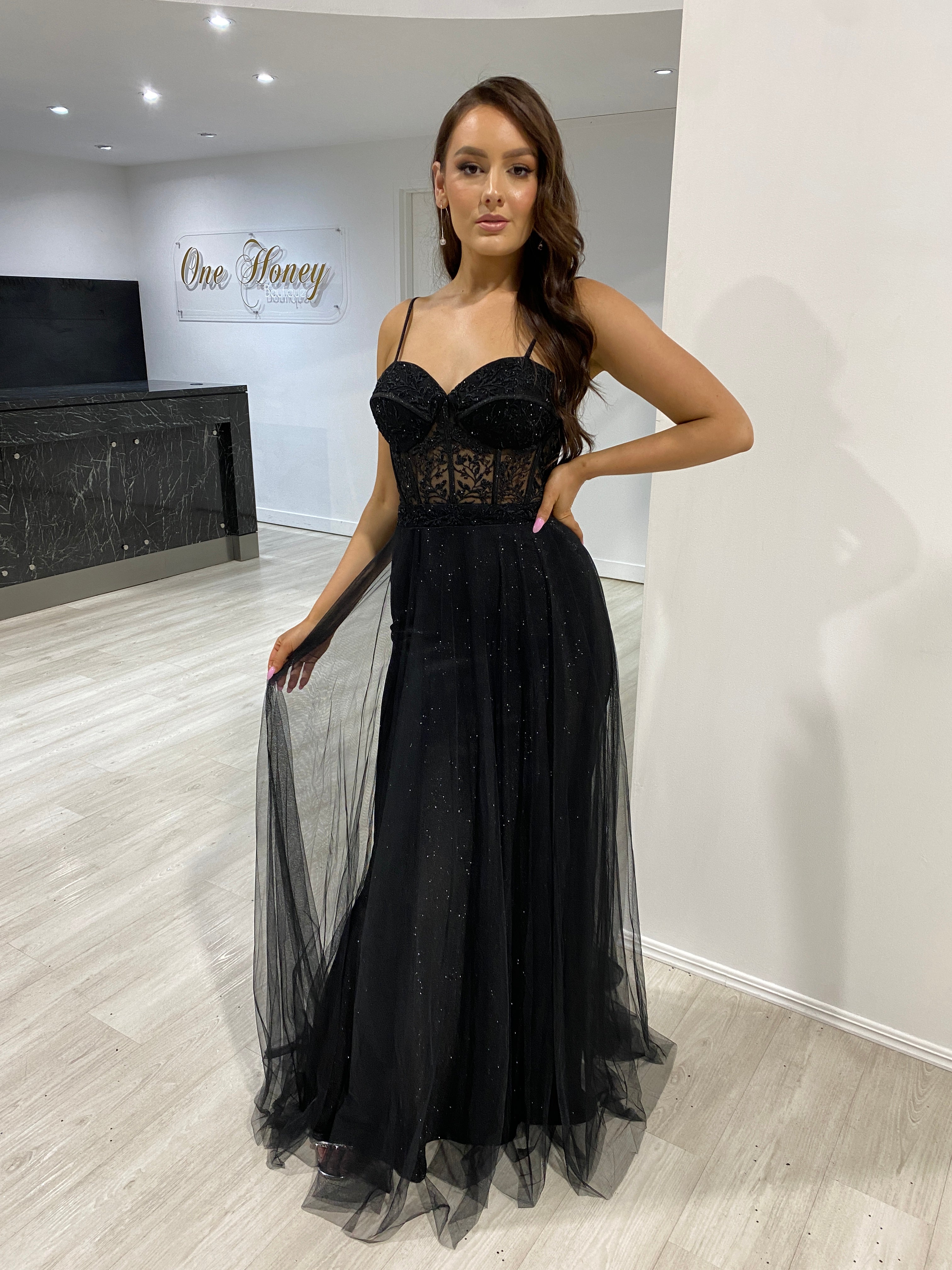 Honey Couture NOELLA Black Glitter Tulle Bustier Formal Dress