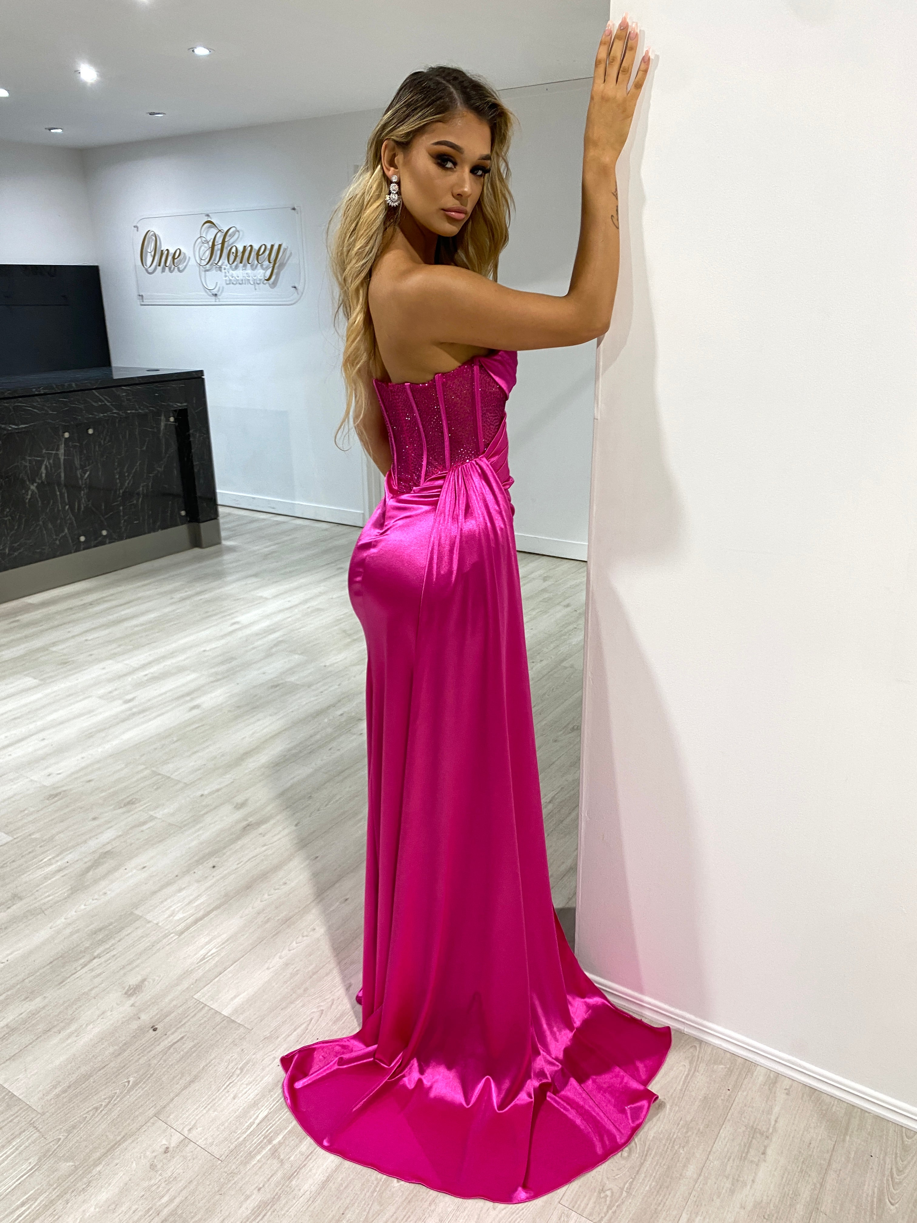 Honey Couture GIGI Fuchsia Hot Pink Corset Sparkle Bustier Strapless Mermaid Formal Gown Dress