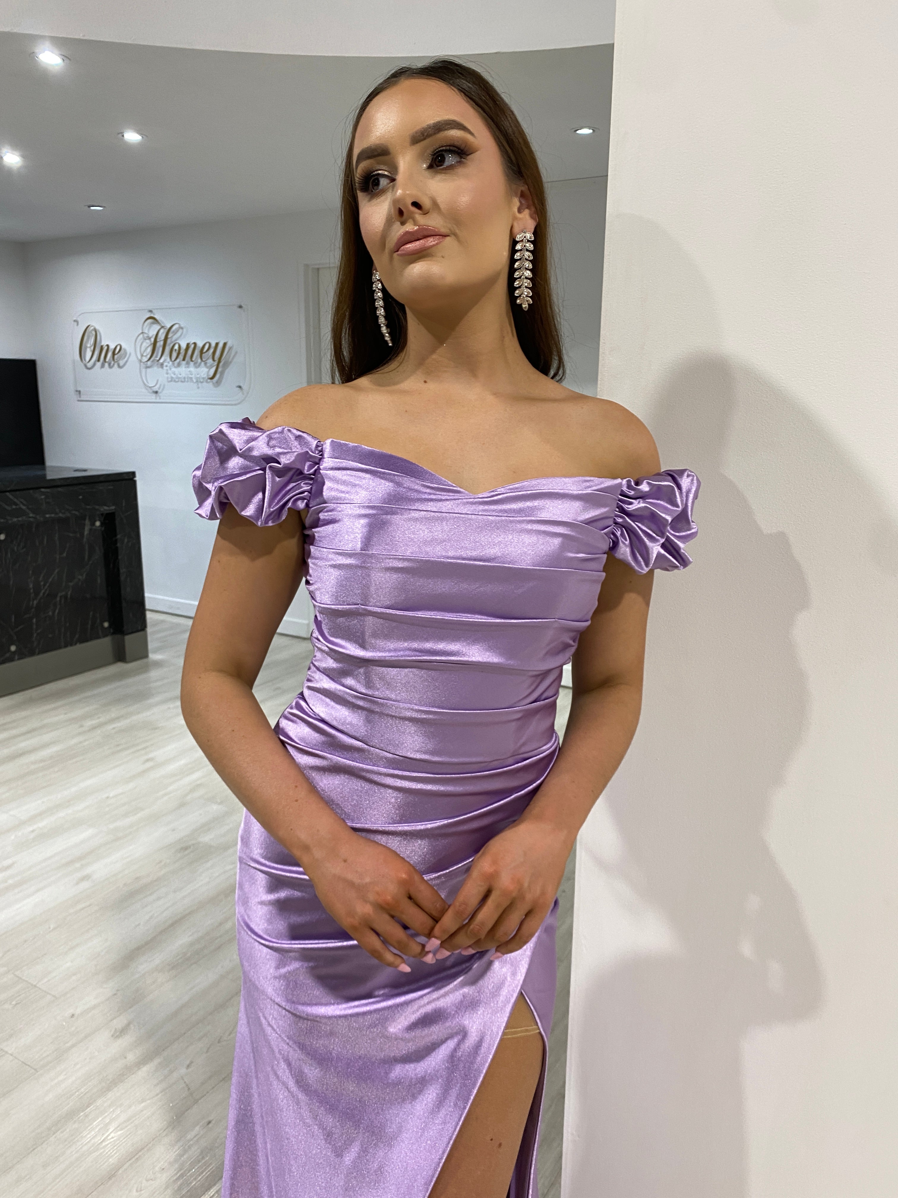Honey Couture ROBIN Lavender Silky Off Shoulder Formal Dress